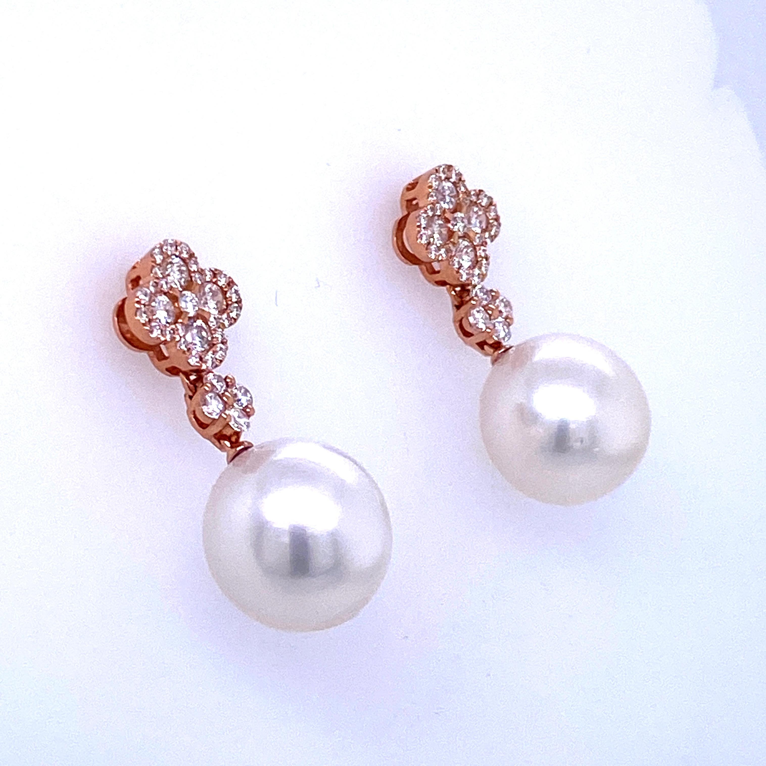 Diamond Cluster South Sea Pearl Drop Earrings 0.77 Carat 18 Karat Rose Gold In New Condition For Sale In New York, NY