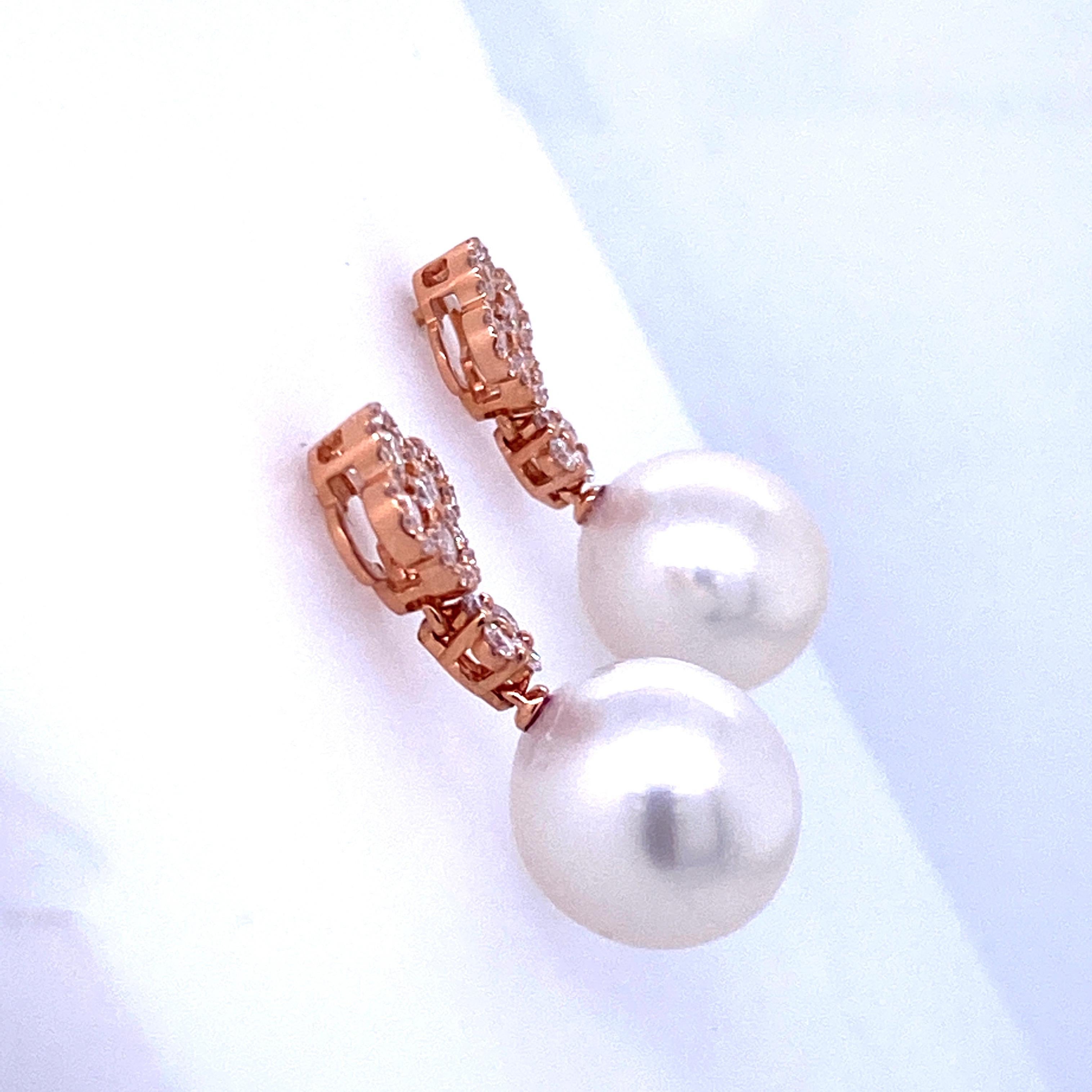 Women's Diamond Cluster South Sea Pearl Drop Earrings 0.77 Carat 18 Karat Rose Gold For Sale
