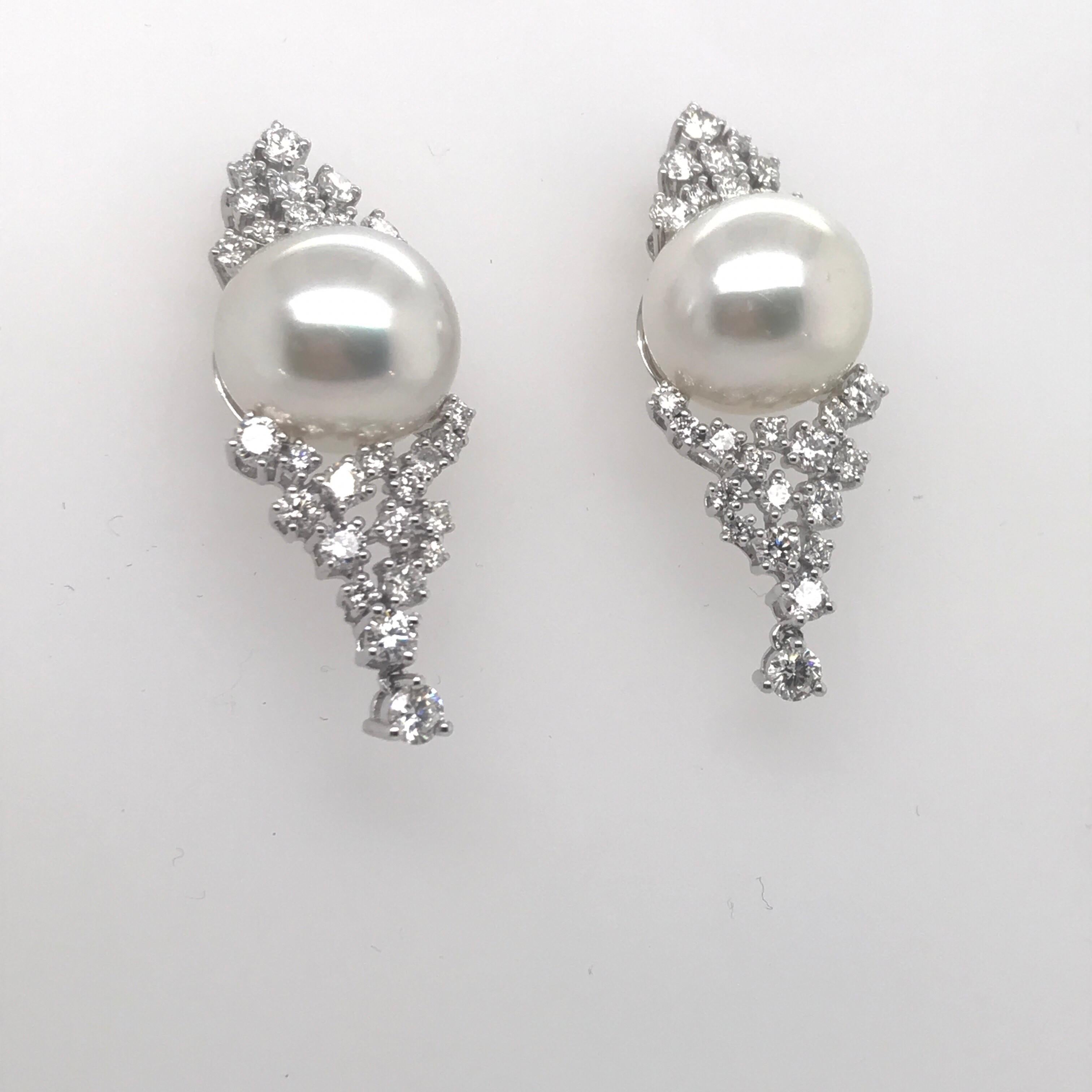 Contemporary Diamond Cluster South Sea Pearl Drop Earrings 2.56 Carat 18 Karat White Gold For Sale