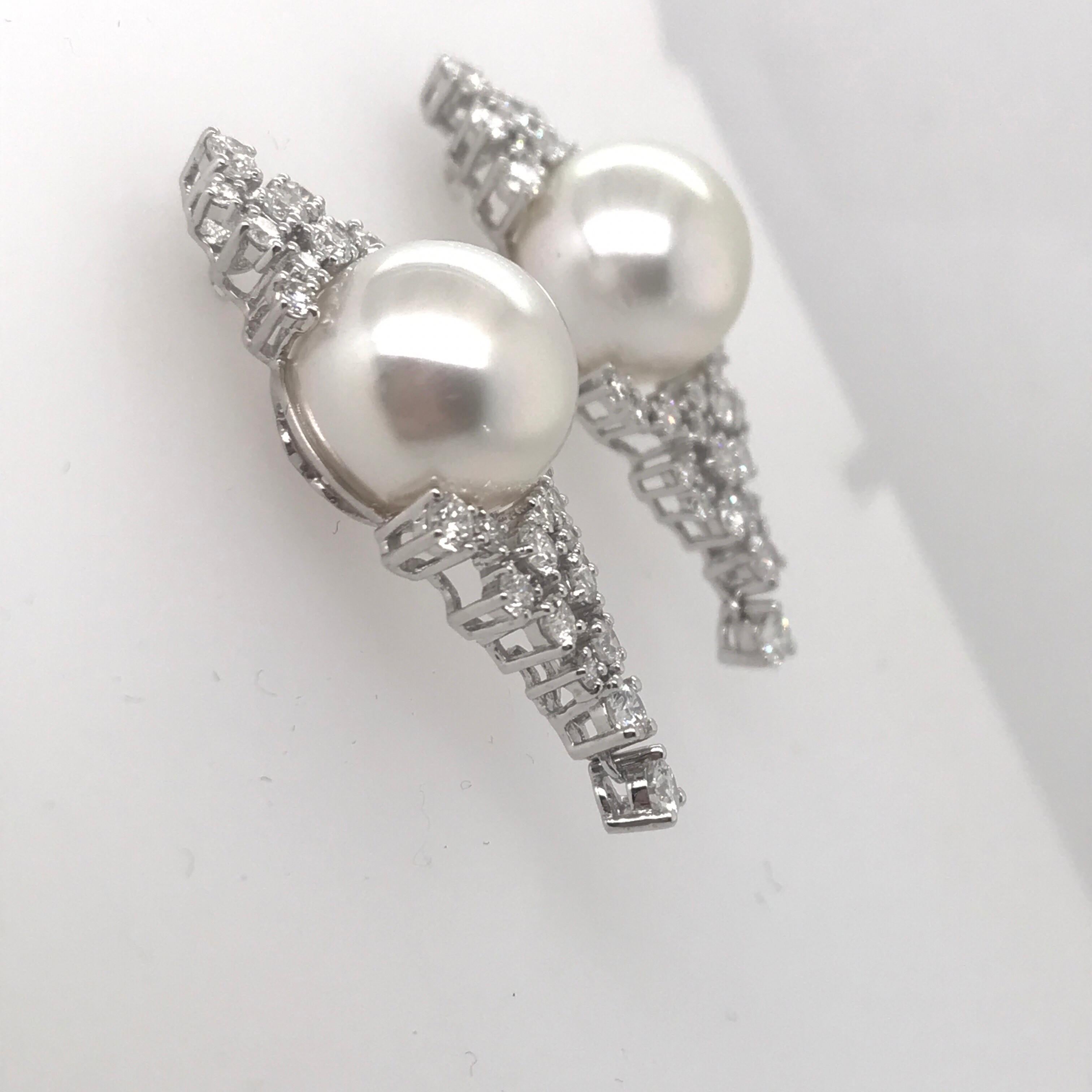 Round Cut Diamond Cluster South Sea Pearl Drop Earrings 2.56 Carat 18 Karat White Gold For Sale