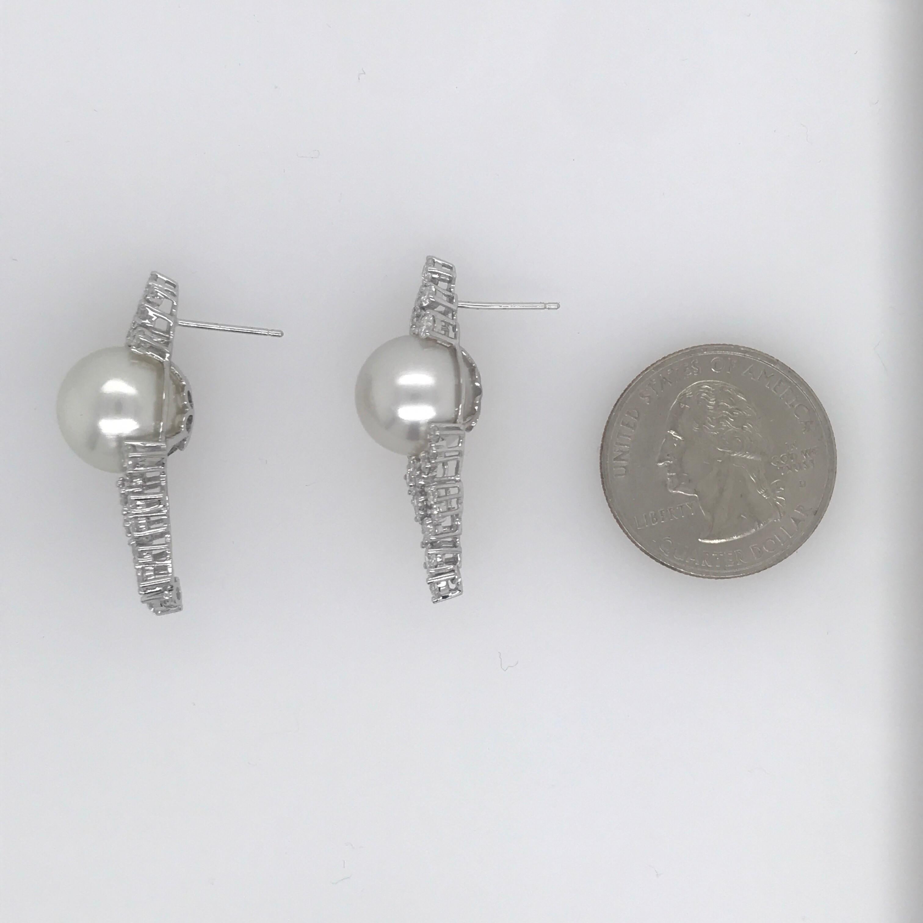 Women's Diamond Cluster South Sea Pearl Drop Earrings 2.56 Carat 18 Karat White Gold For Sale