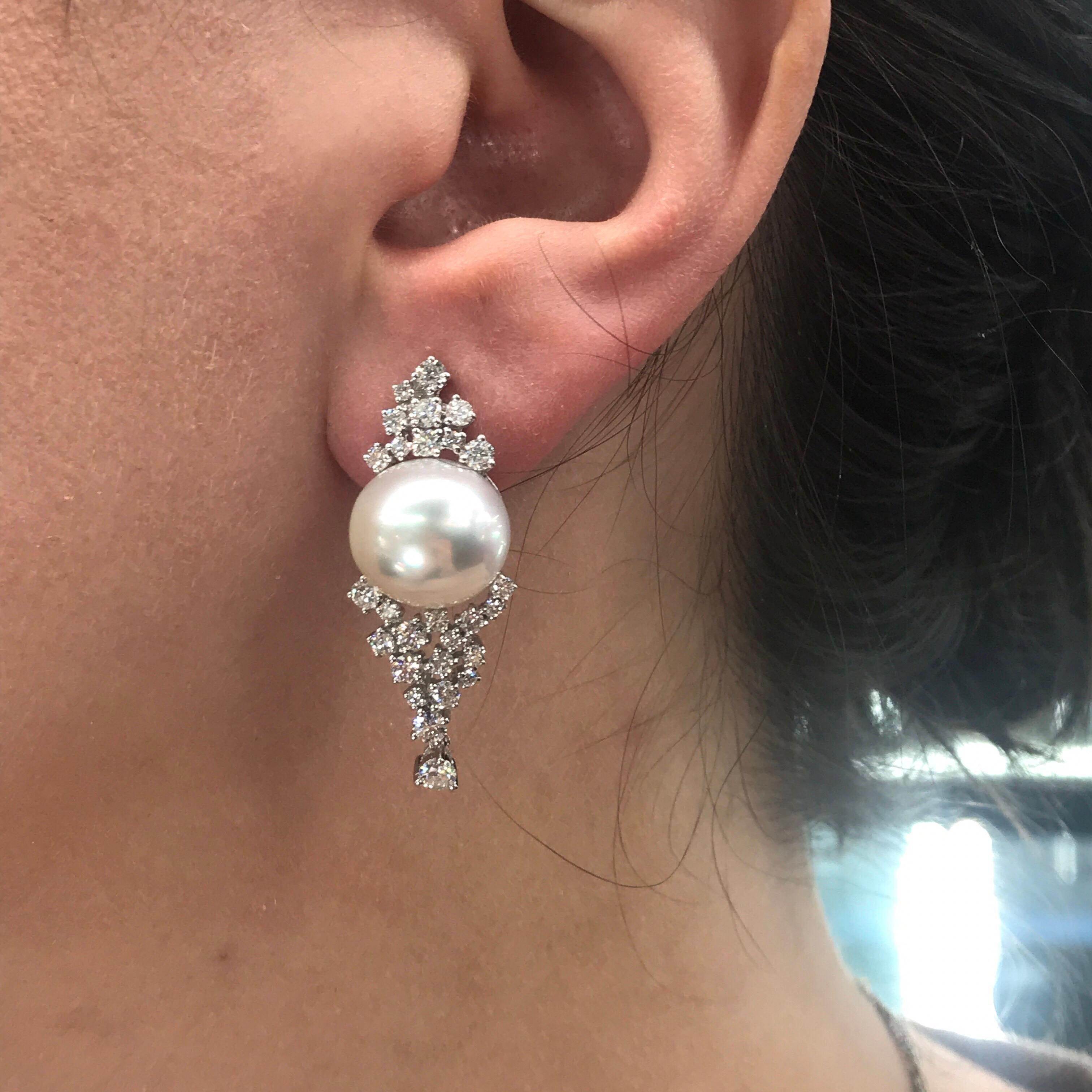Diamond Cluster South Sea Pearl Drop Earrings 2.56 Carat 18 Karat White Gold For Sale 1