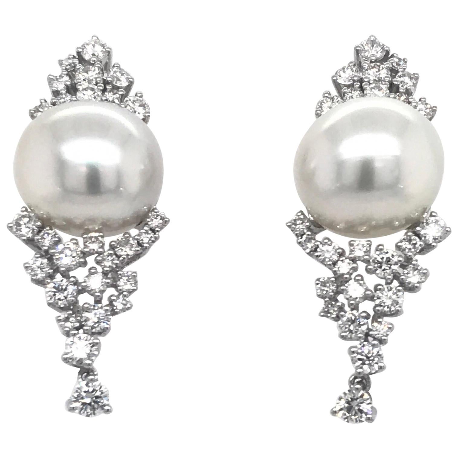 Diamond Cluster South Sea Pearl Drop Earrings 2.56 Carat 18 Karat White Gold For Sale