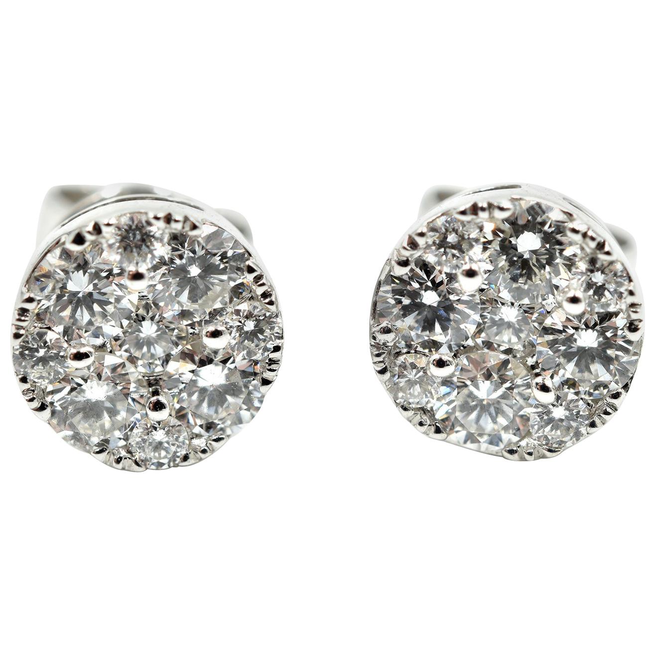 Diamond Cluster Stud Earrings 14 Karat White Gold