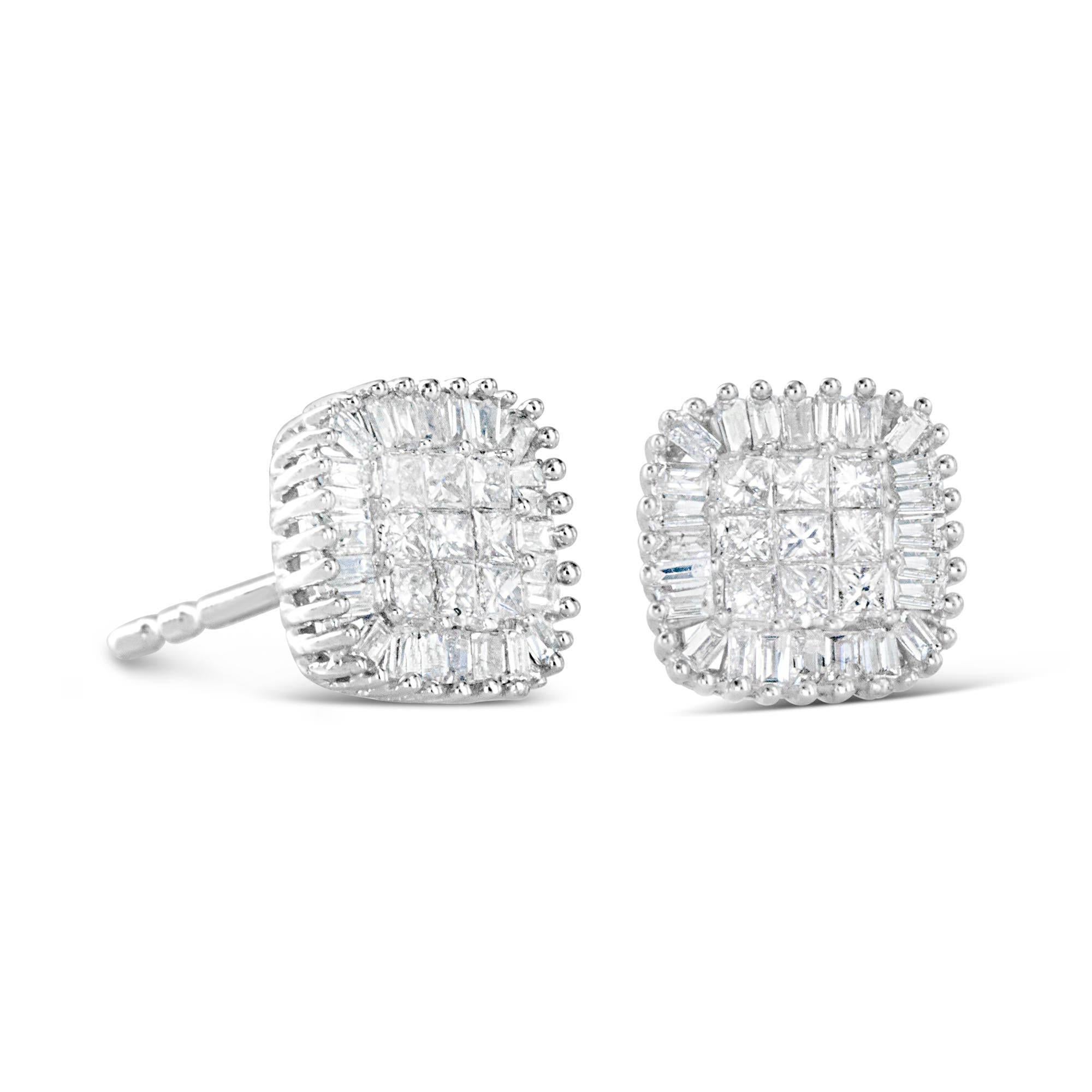Princess Cut Diamond Cluster Stud Earrings Princess and Baguette Cut 0.5 Carats 10K Gold For Sale