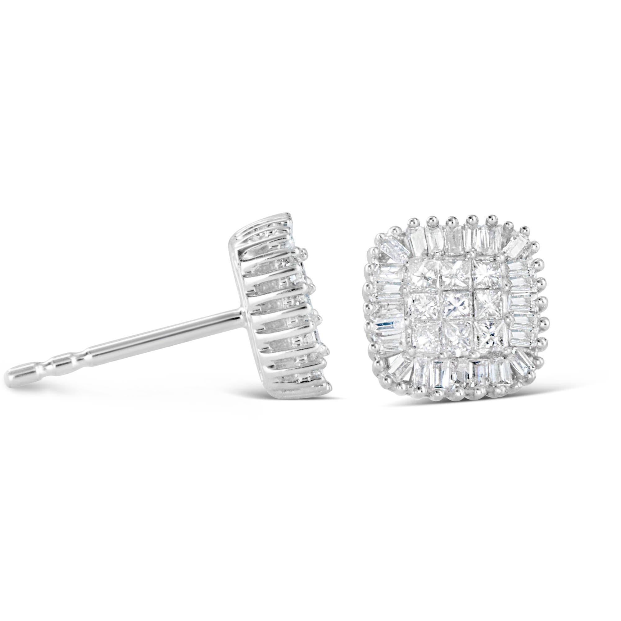 Diamond Cluster Stud Earrings Princess and Baguette Cut 0.5 Carats 10K Gold In Excellent Condition For Sale In Aliso Viejo, CA
