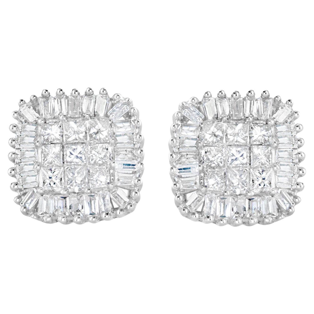 Diamond Cluster Stud Earrings Princess and Baguette Cut 0.5 Carats 10K Gold For Sale