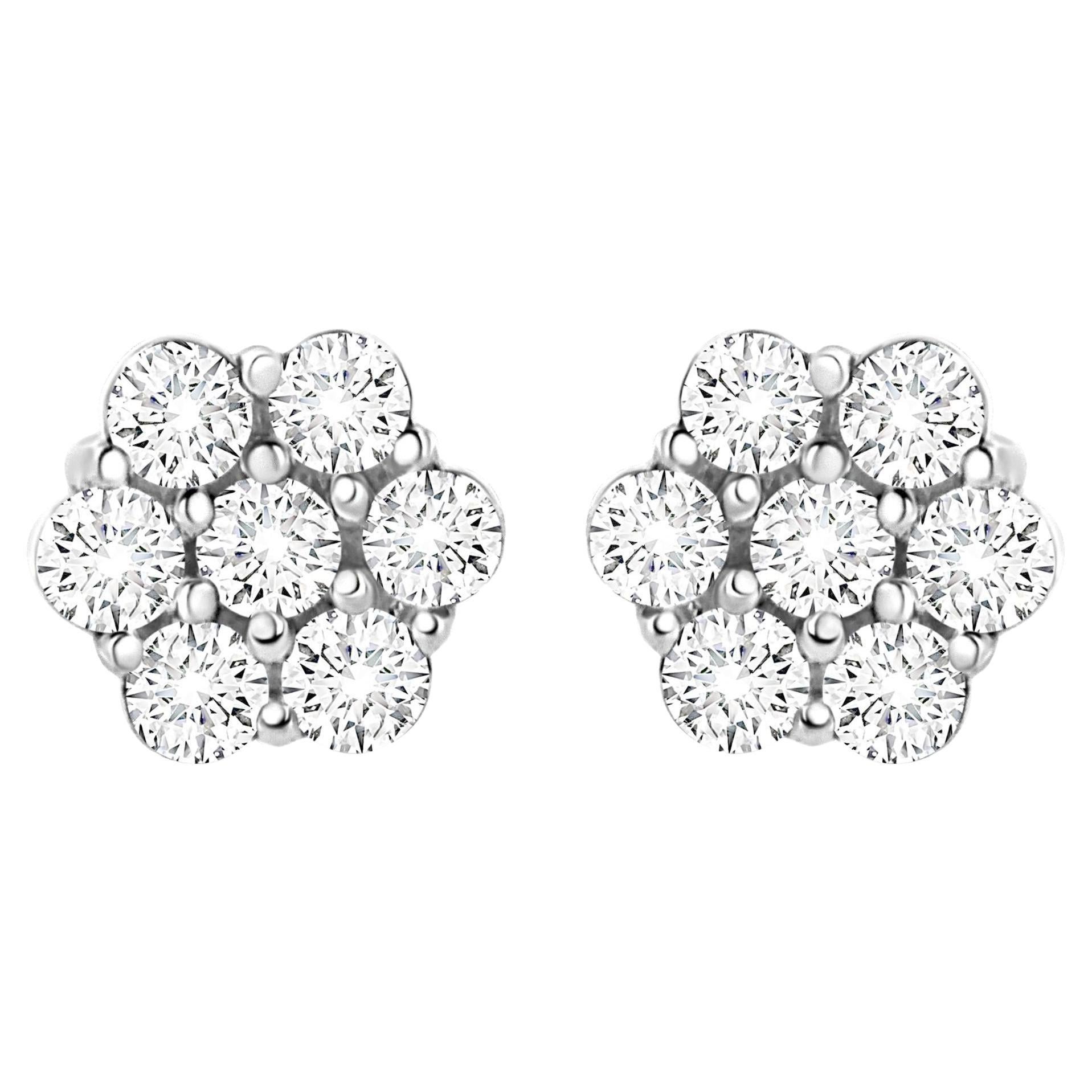 Diamond Cluster Stud Earrings Round Brilliant Cut 0.5 Carats 14K White Gold