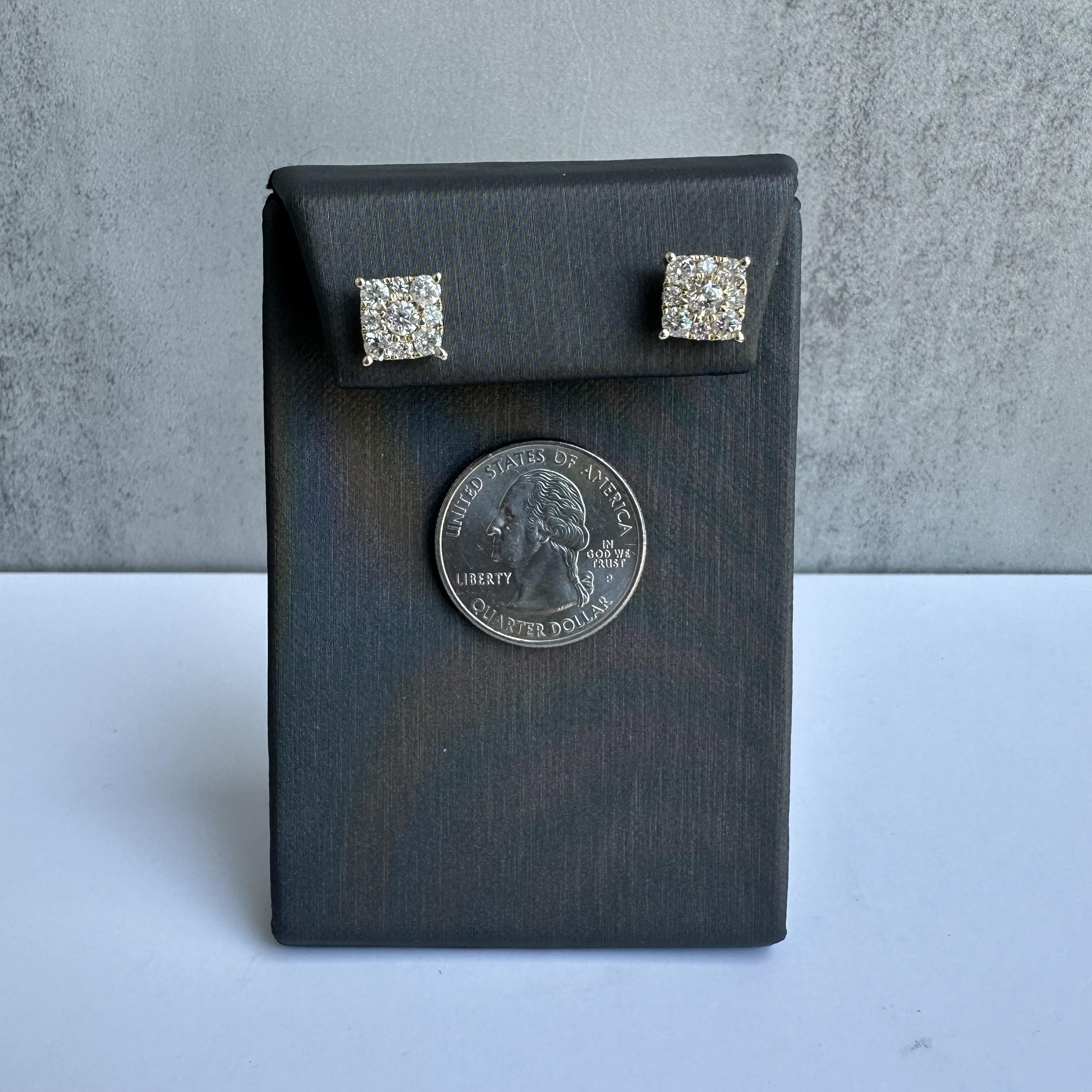 Round Cut Diamond Cluster Studs in 10kt Yellow Gold - 1.50ctw Natural Diamonds, New For Sale