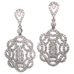 Diamond Cluster Swirl Drop Earrings 2 Carat 14 Karat White Gold