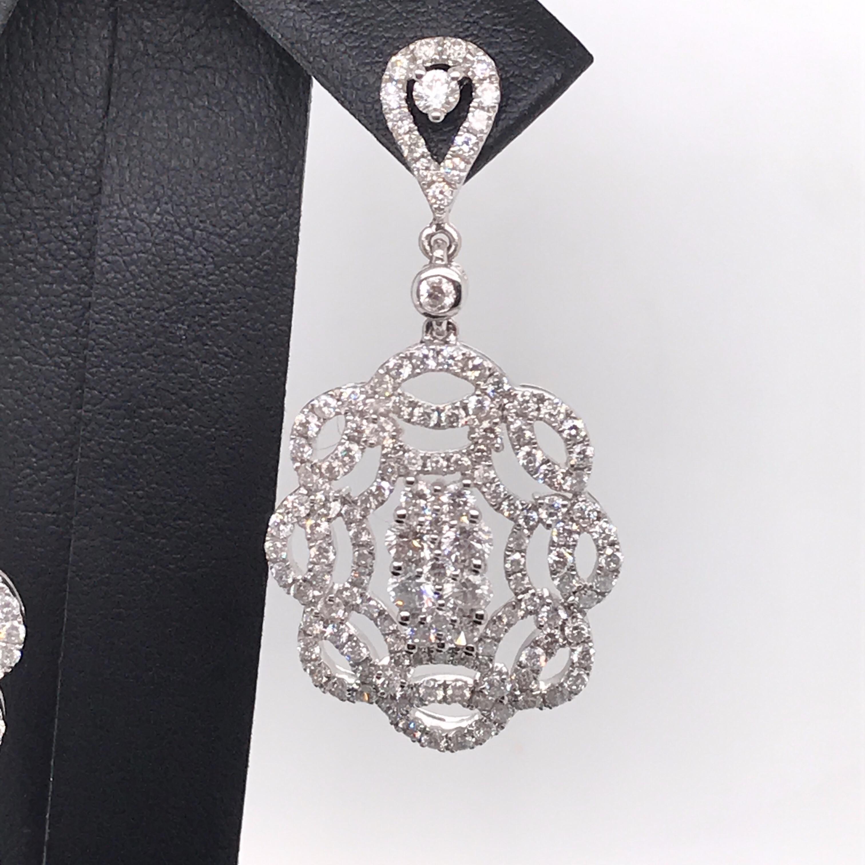 Contemporary Diamond Cluster Swirl Drop Earrings 2 Carat 14 Karat White Gold