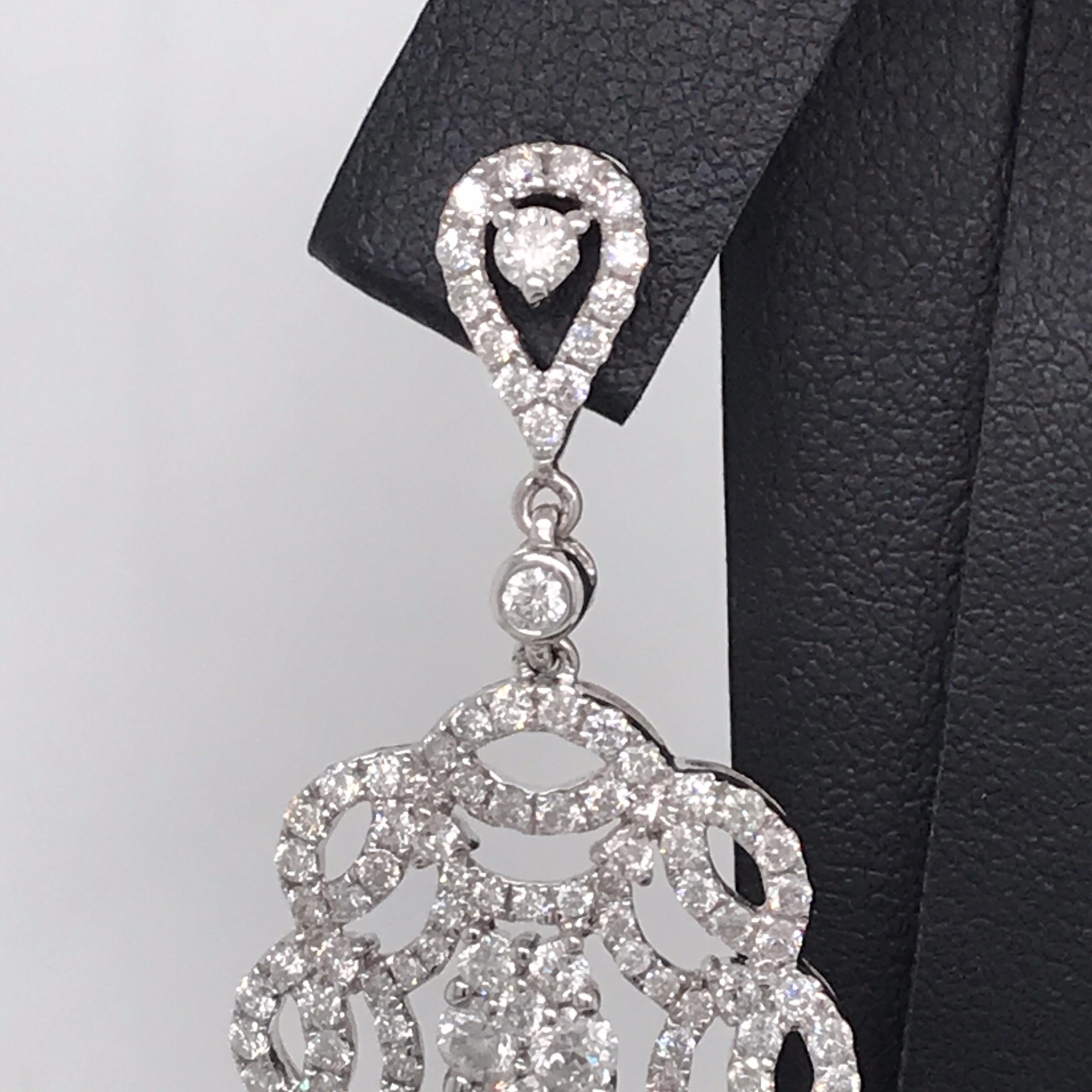 Women's Diamond Cluster Swirl Drop Earrings 2 Carat 14 Karat White Gold