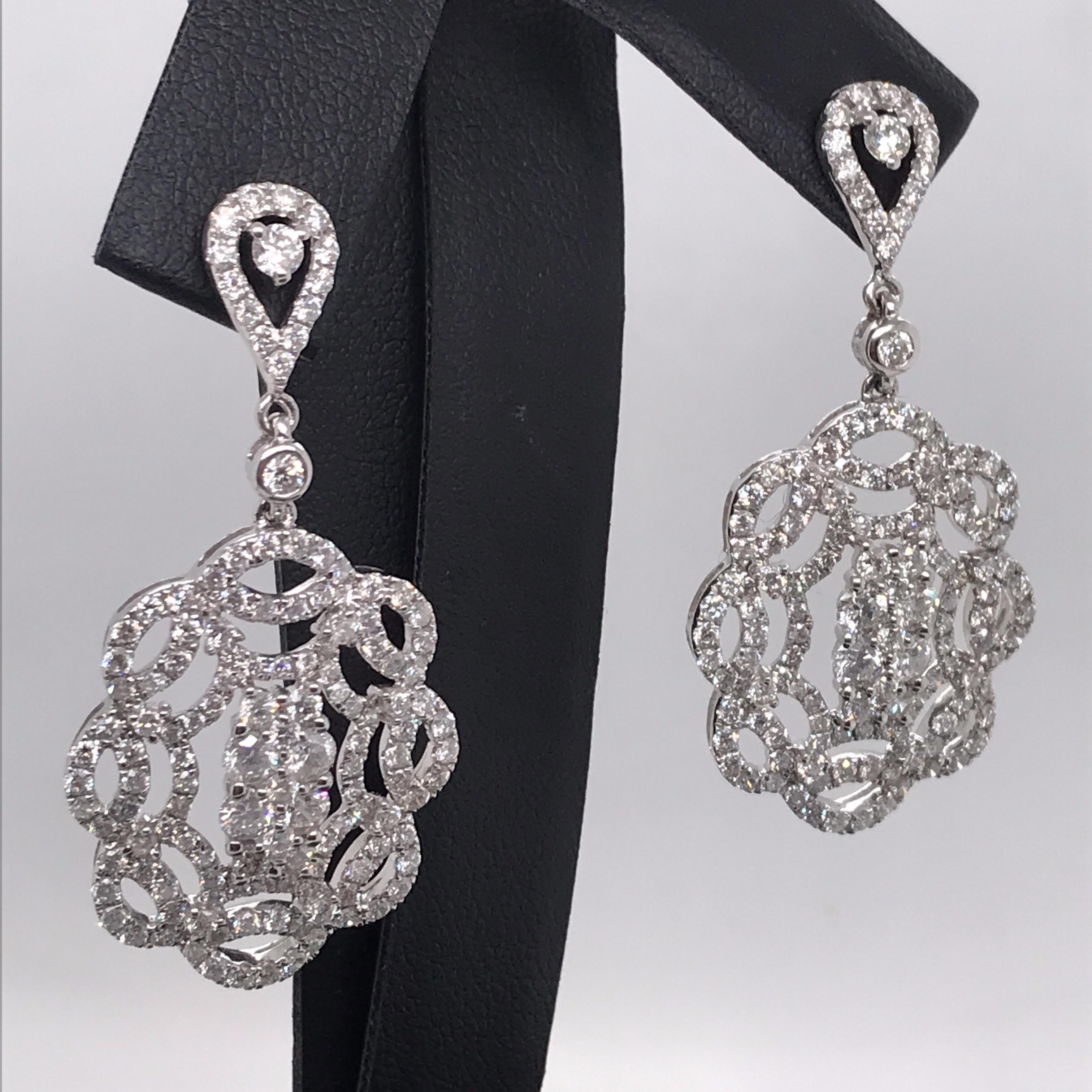 Diamond Cluster Swirl Drop Earrings 2 Carat 14 Karat White Gold 1
