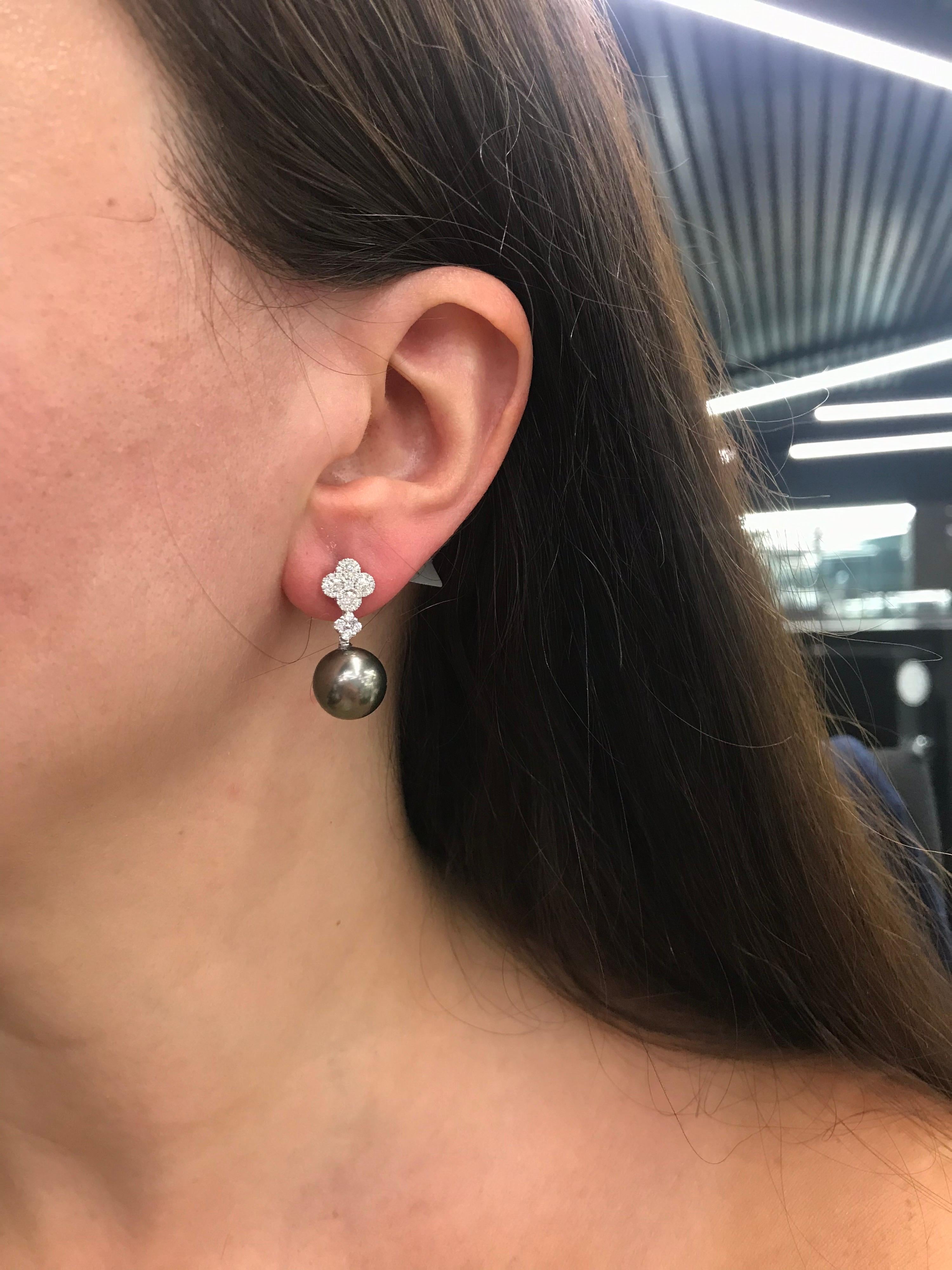 Diamond Cluster Tahitian Pearl Drop Earrings 0.77 Carat 18 Karat White Gold For Sale 4