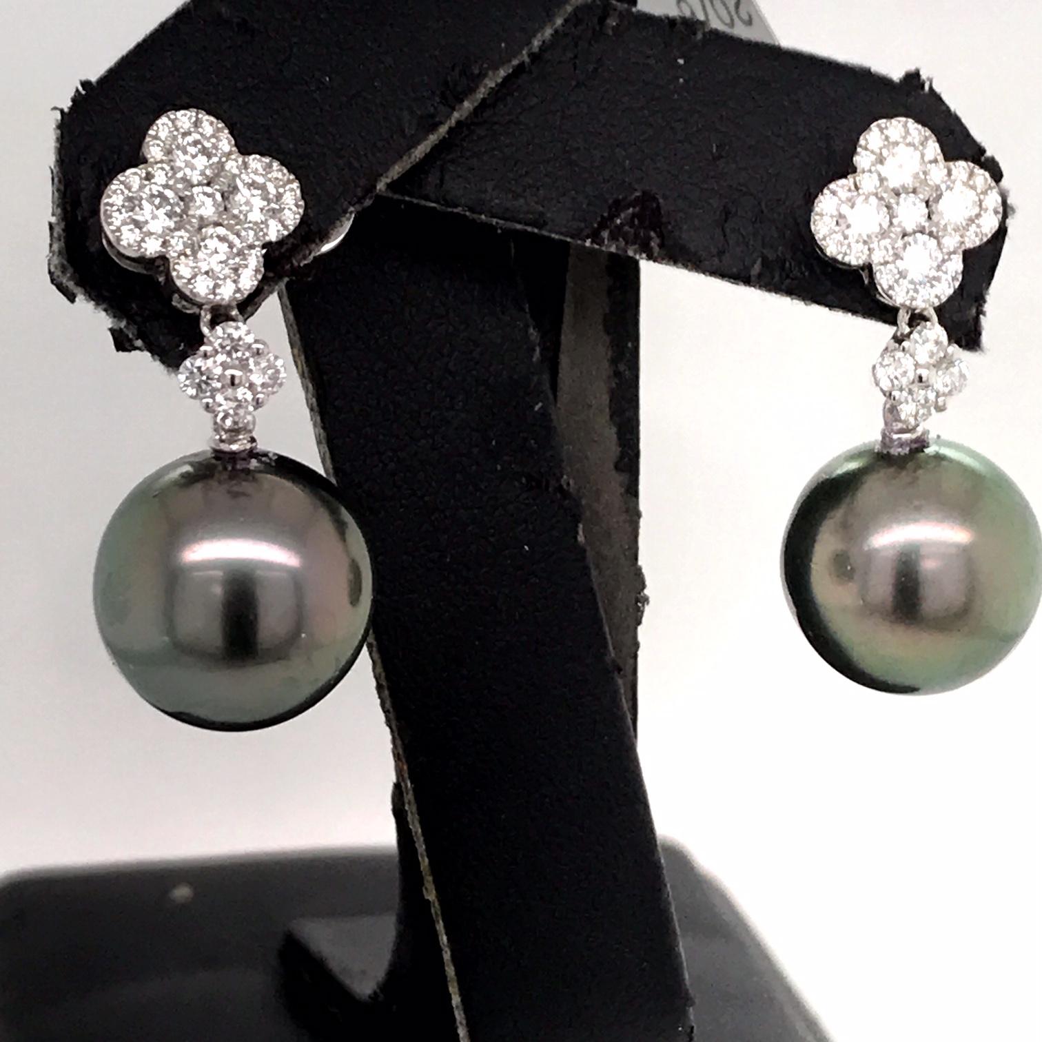 Contemporary Diamond Cluster Tahitian Pearl Drop Earrings 0.77 Carat 18 Karat White Gold For Sale