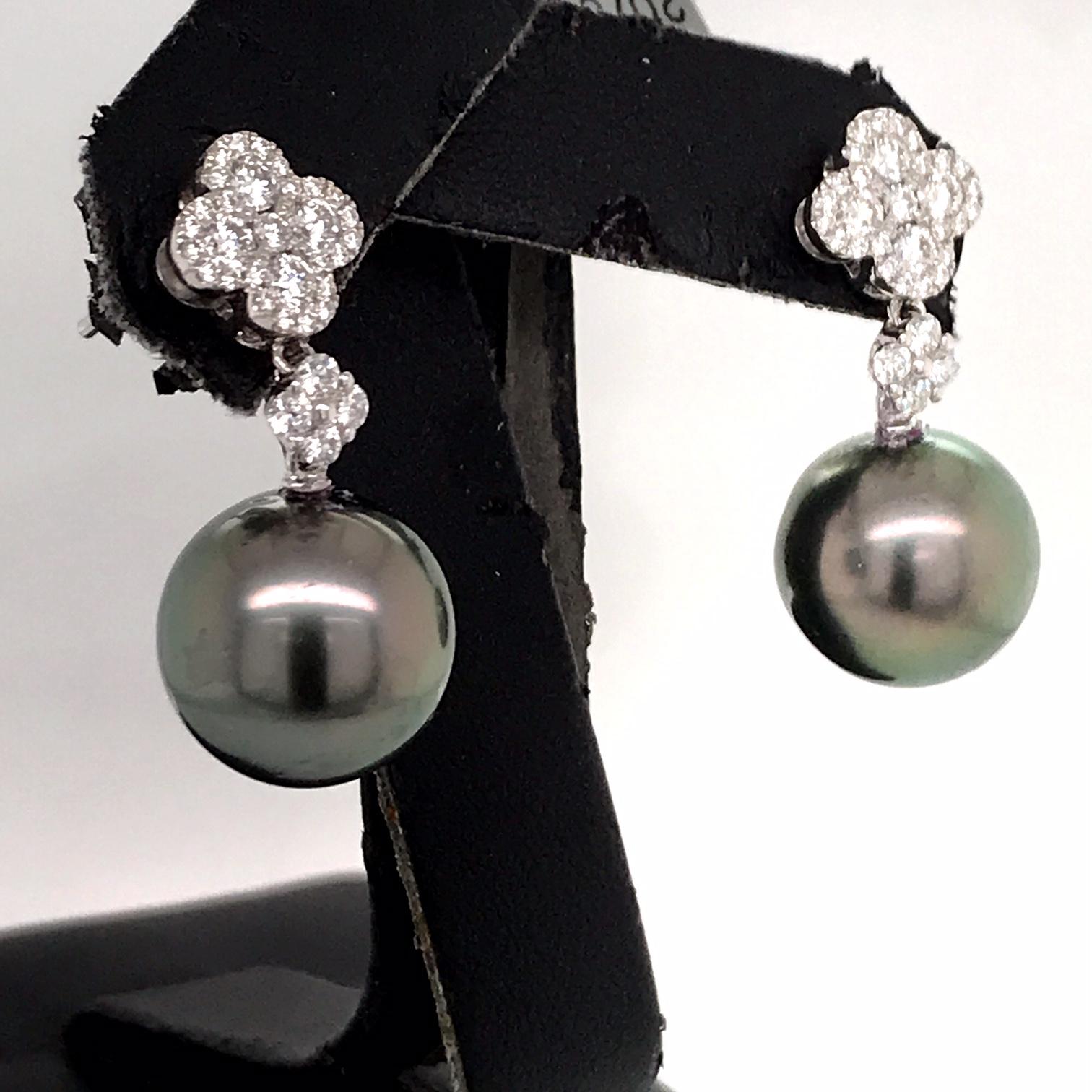 Round Cut Diamond Cluster Tahitian Pearl Drop Earrings 0.77 Carat 18 Karat White Gold For Sale