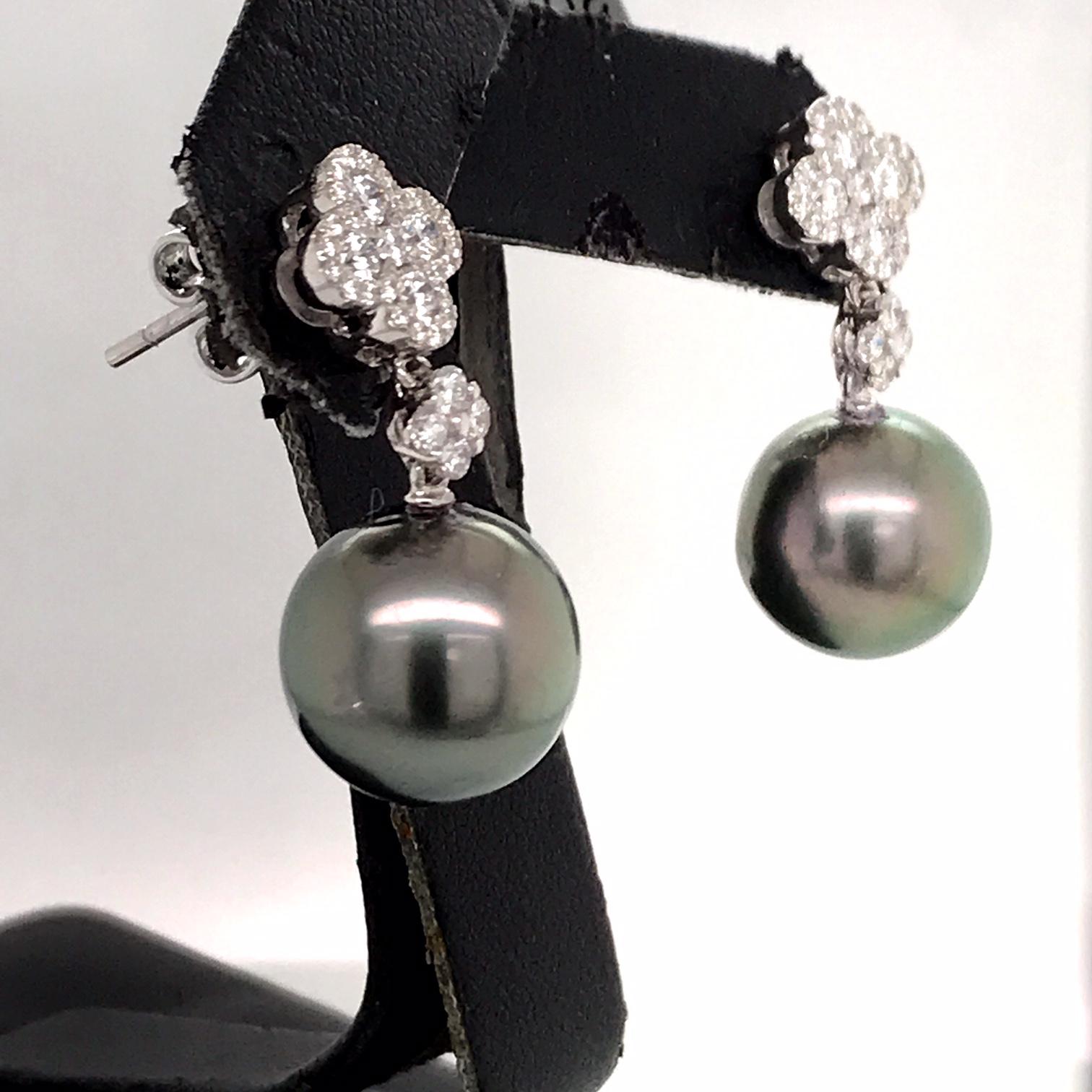 Diamond Cluster Tahitian Pearl Drop Earrings 0.77 Carat 18 Karat White Gold In New Condition For Sale In New York, NY