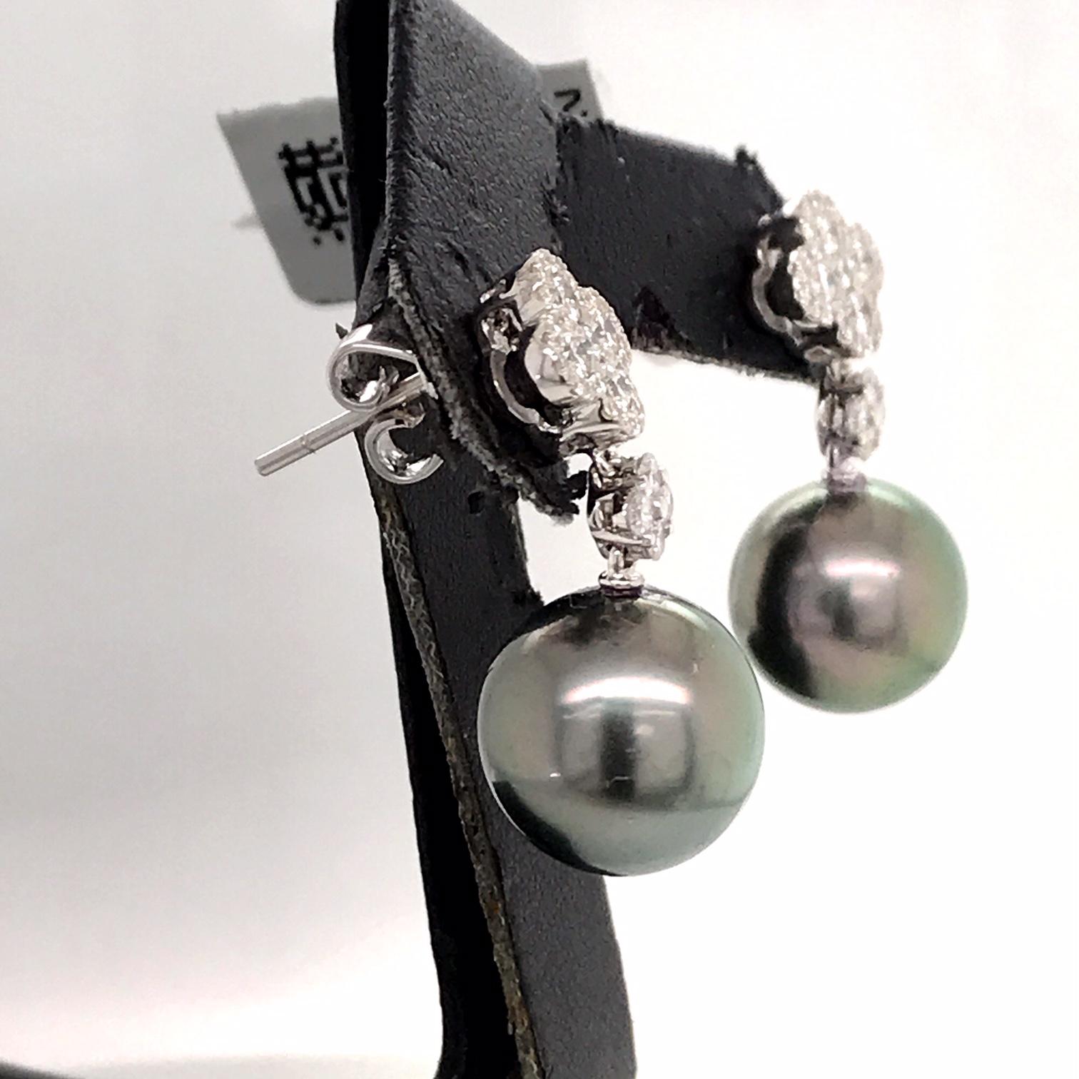 Women's Diamond Cluster Tahitian Pearl Drop Earrings 0.77 Carat 18 Karat White Gold For Sale