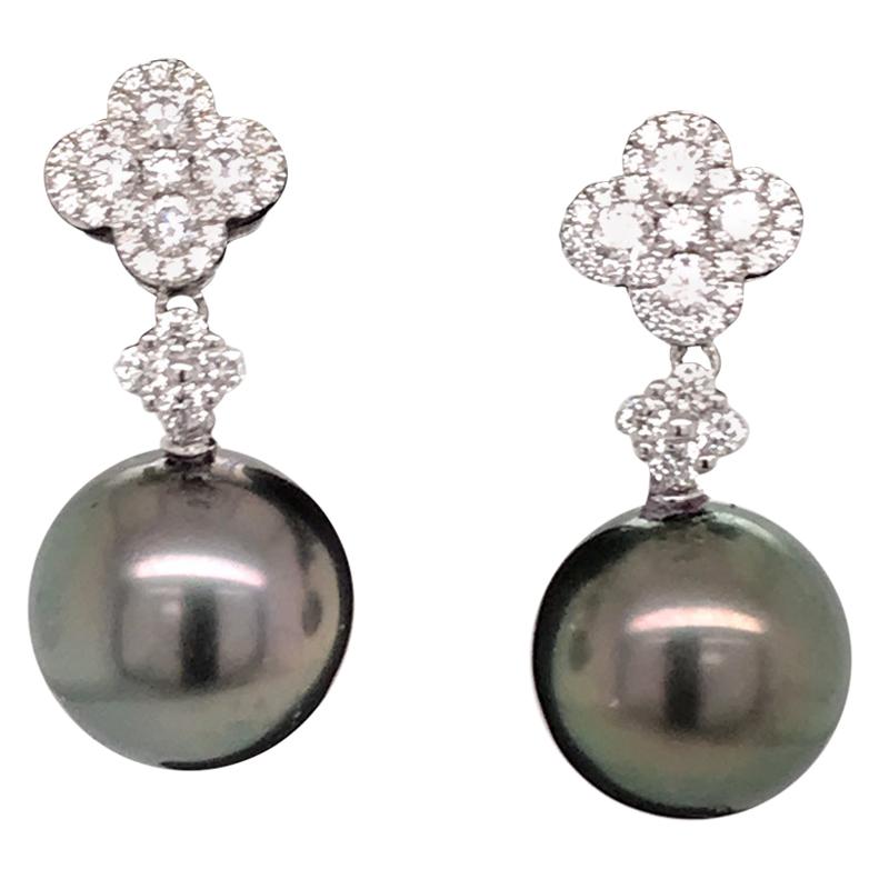 Diamond Cluster Tahitian Pearl Drop Earrings 0.77 Carat 18 Karat White Gold For Sale