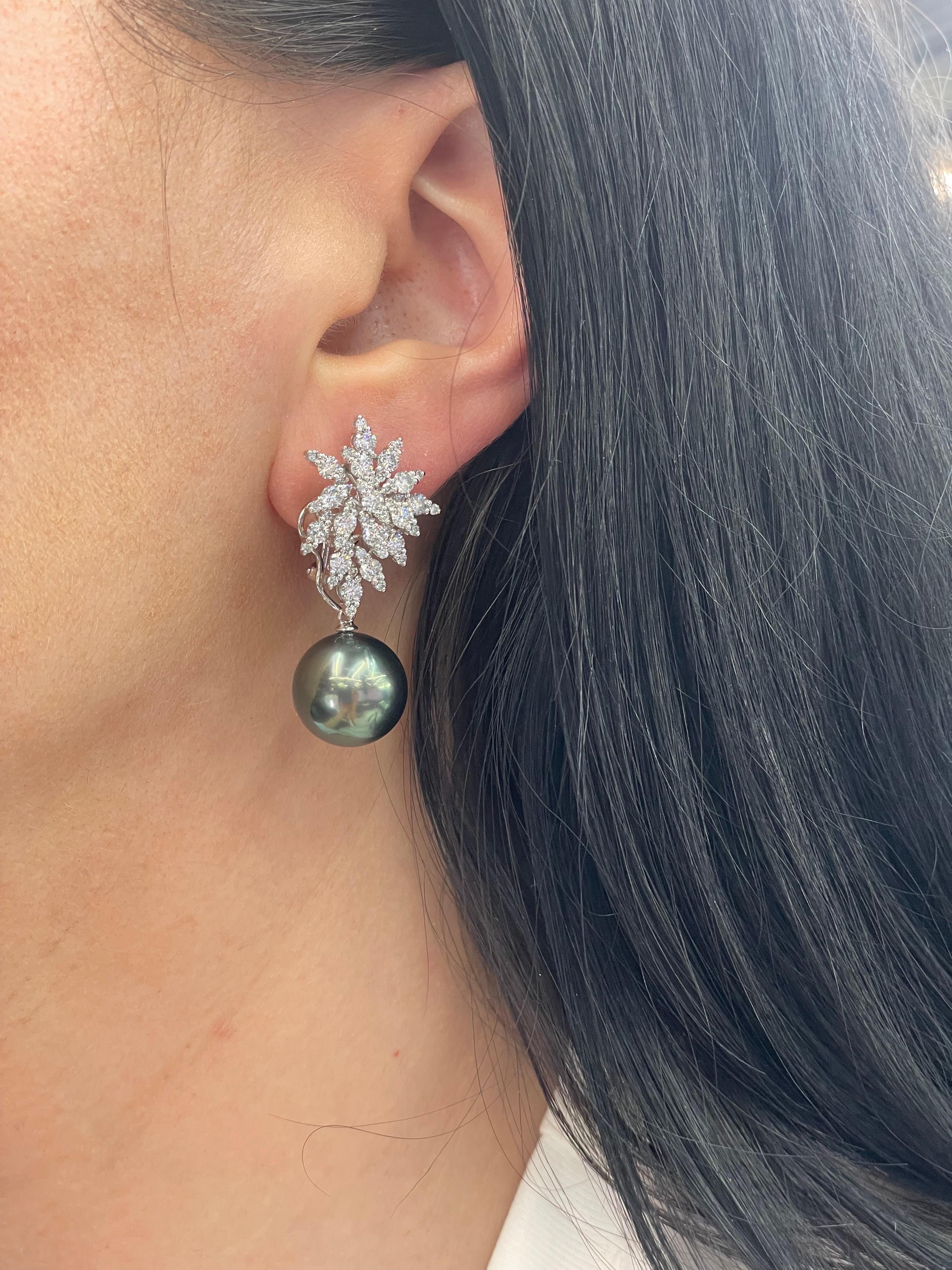Women's Diamond Cluster Tahitian Pearl Drop Earrings 2.88 Carats 18 Karat 13-14 MM For Sale