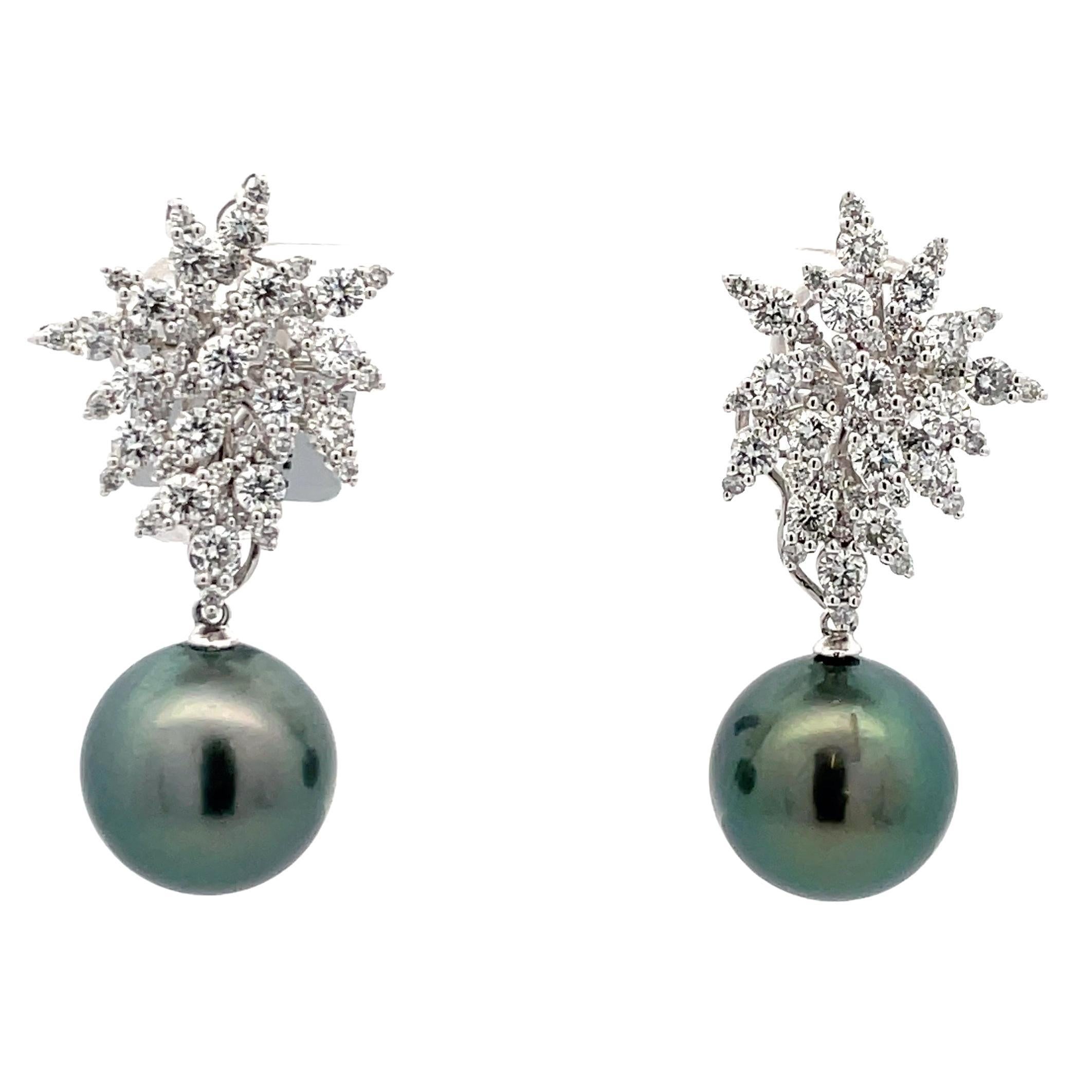 Diamond Cluster Tahitian Pearl Drop Earrings 2.88 Carats 18 Karat 13-14 MM For Sale