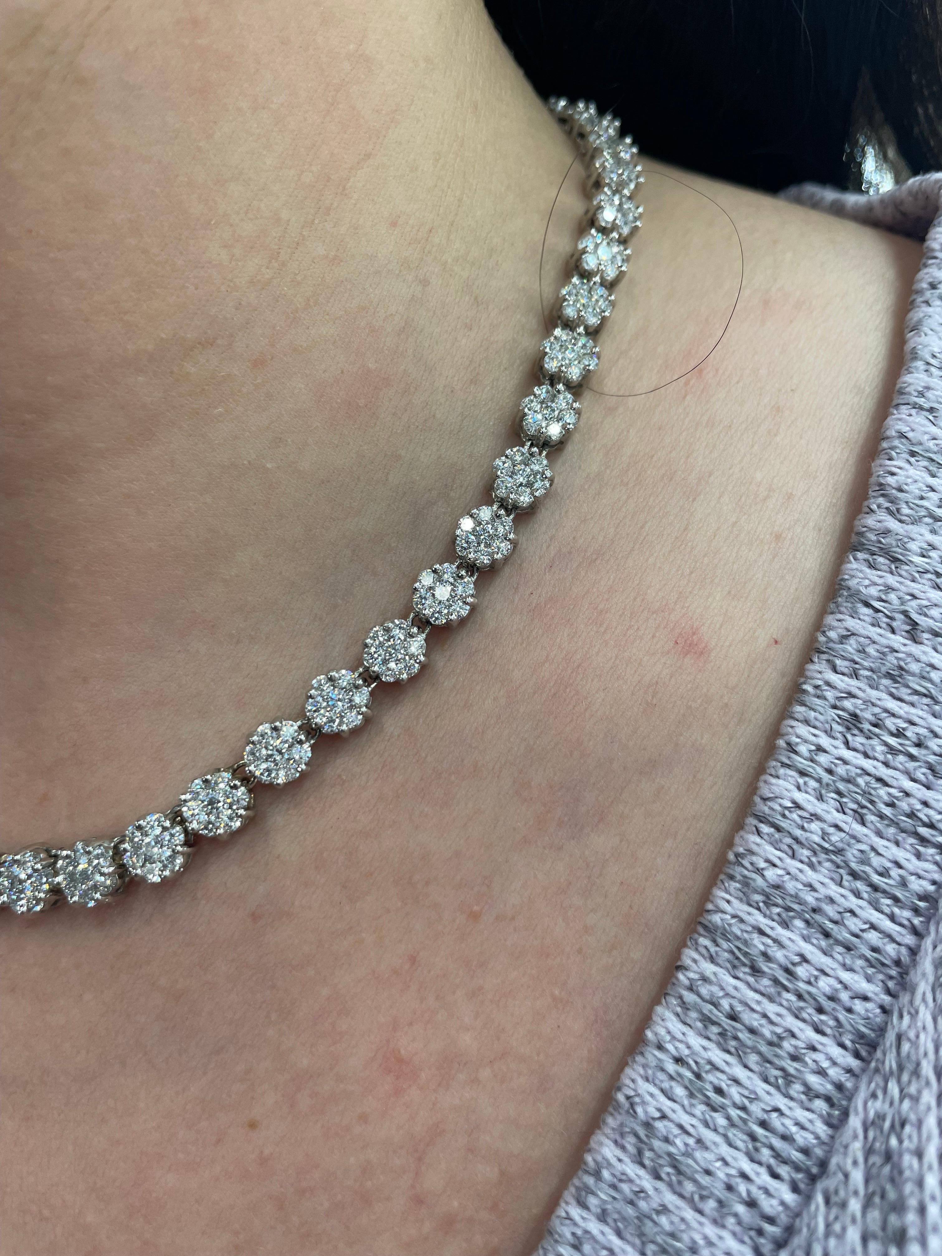 Diamond Cluster Tennis Necklace 20 Carats 14 Karat White Gold 47 Grams In Excellent Condition In New York, NY