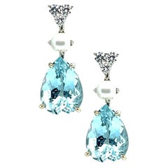 Diamond Cluster White Gold Stud Earrings with Aquamarine and Pearl Drop Earrings
