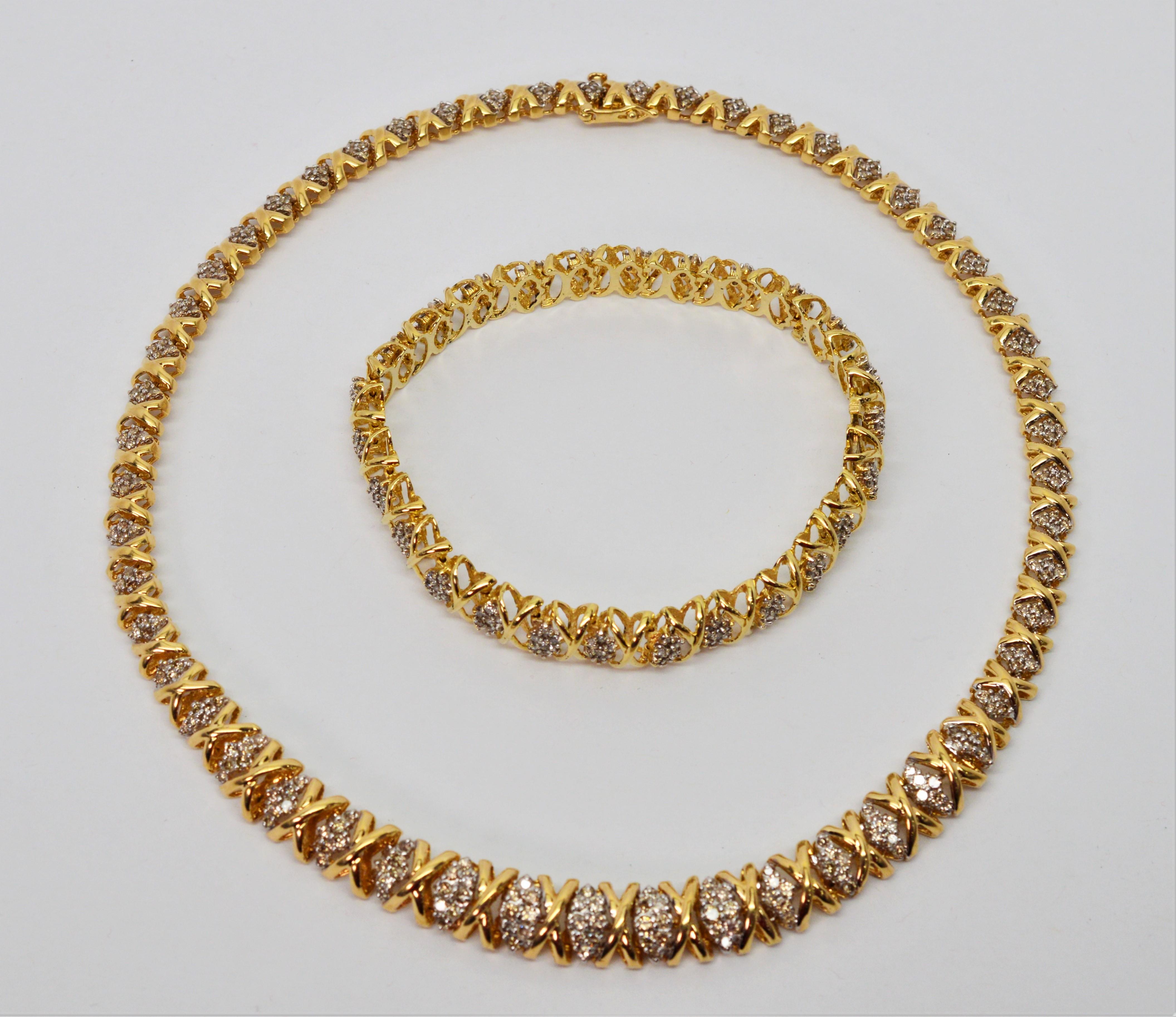 Round Cut Diamond Marquise Cluster 14 Karat Yellow Gold Necklace and Bracelet Set