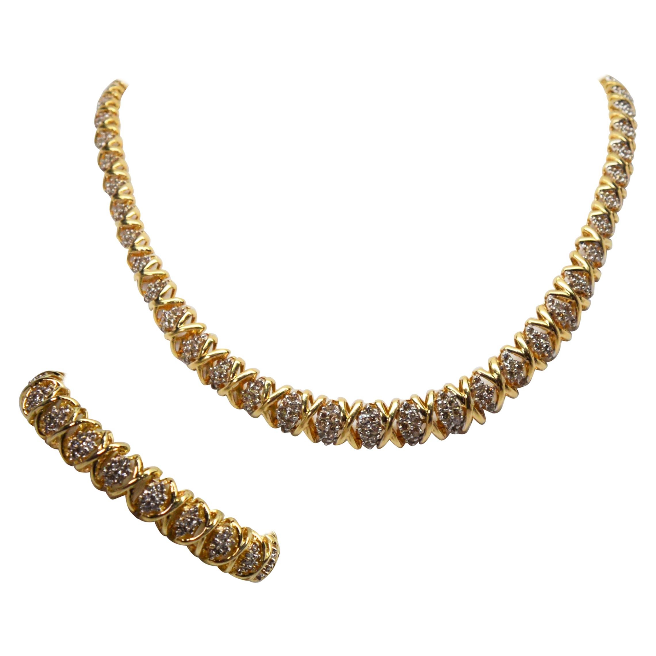 Diamond Marquise Cluster 14 Karat Yellow Gold Necklace and Bracelet Set
