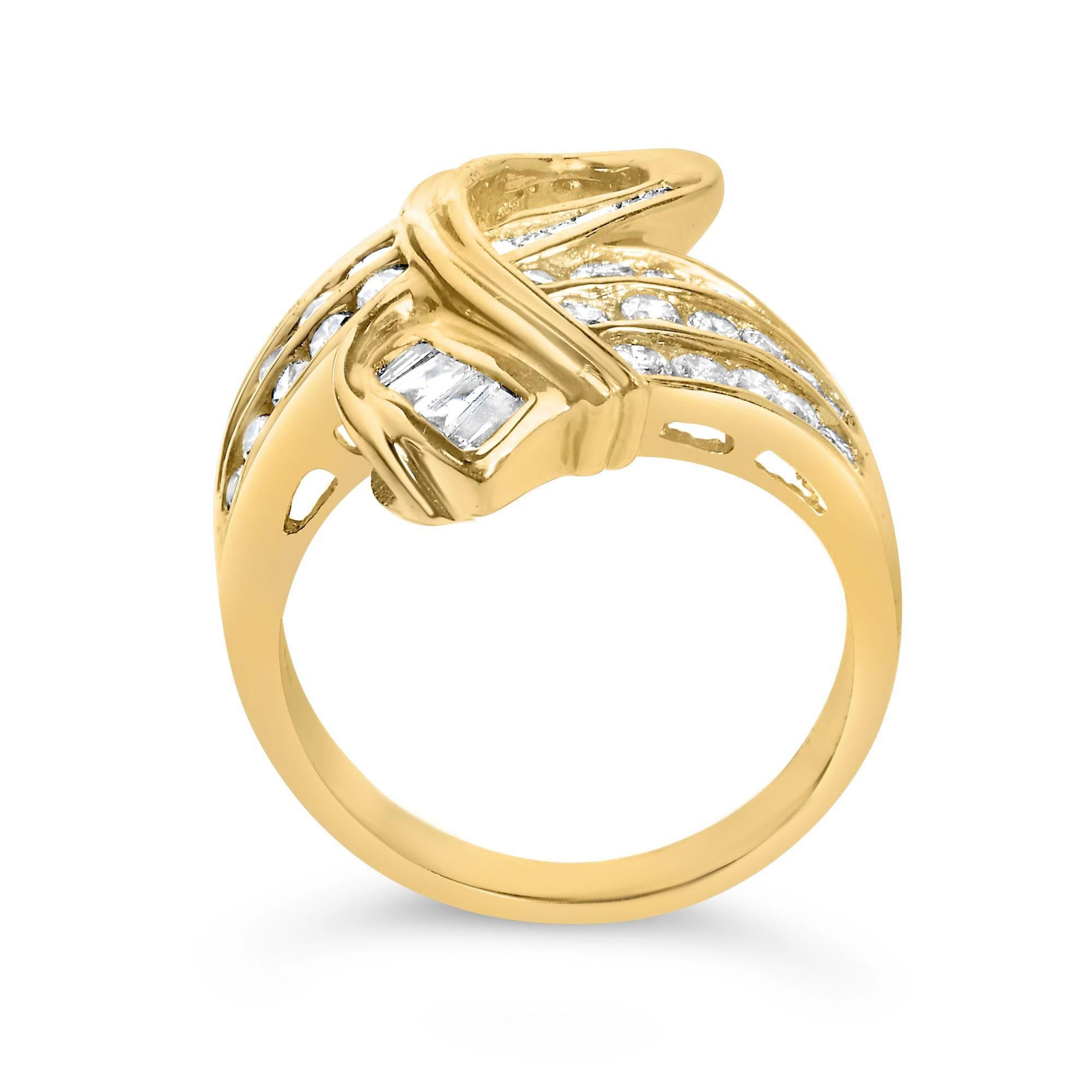 Contemporary Diamond Cocktail Bypass Ring Baguette and Round Cut 1.32 Carats 14K Yellow Gold For Sale