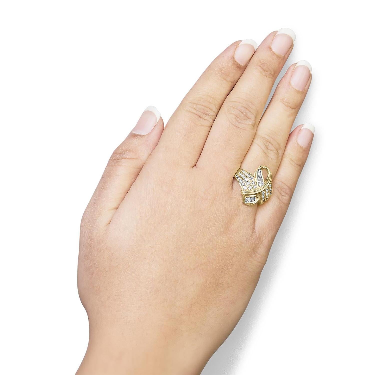 Baguette Cut Diamond Cocktail Bypass Ring Baguette and Round Cut 1.32 Carats 14K Yellow Gold For Sale