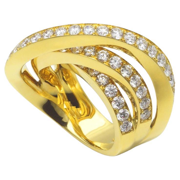 Diamond Channel Geometric Wave Curve Statement Unique 18 Karat Yellow Gold Ring For Sale