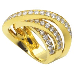 Diamond Channel Geometric Wave Curve Statement Unique 18 Karat Yellow Gold Ring