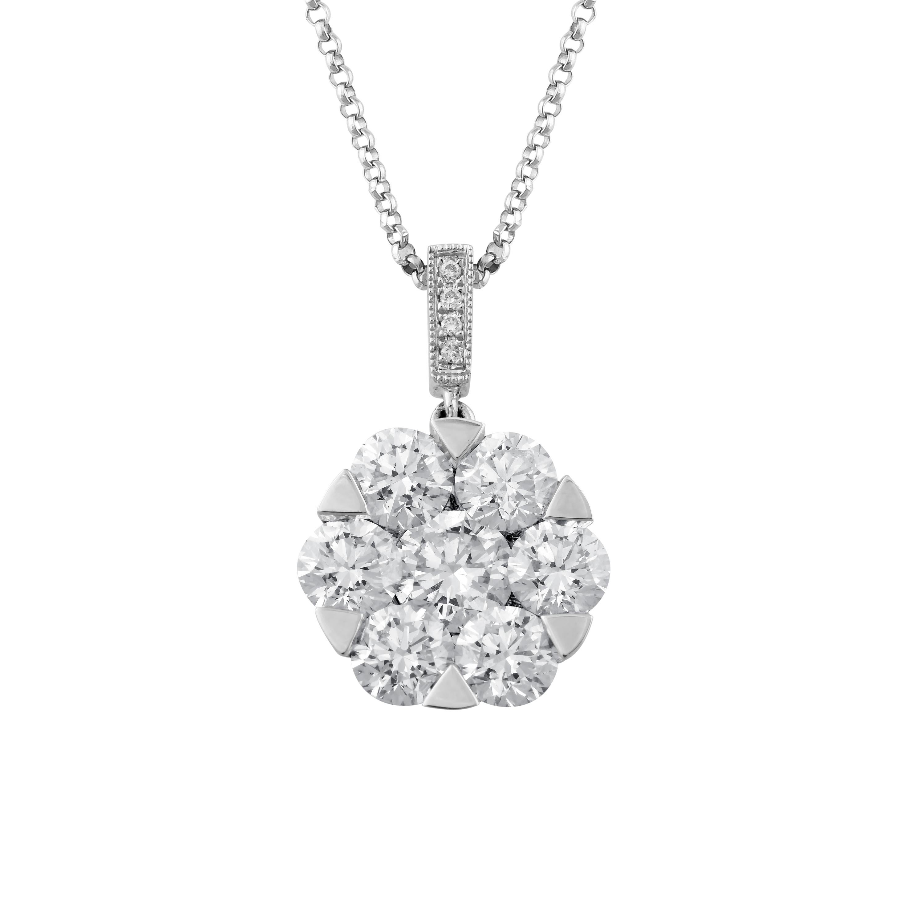 An exclusive collection of designer and unique cocktail pendants by Sunita Nahata Fine Design. 

Diamond Cocktail Pendant in 18 Karat White Gold

Diamond: 0.70 carat, 5.60 Size, Round Shape, G colour, VS Clerity.
Diamond: 2.428 carat, 4.60 Size,