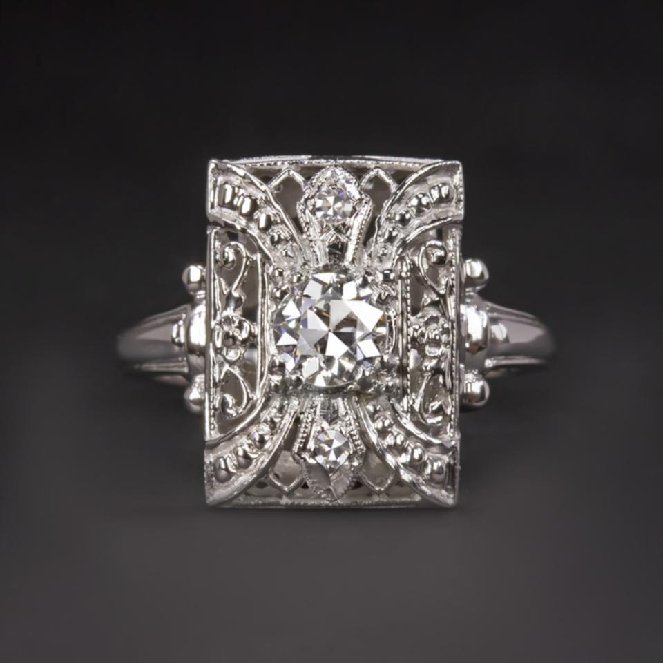 Art Deco Diamond Cocktail Ring Art Decò Old European Cut GIA Certified F VS1 Set 14k Whit