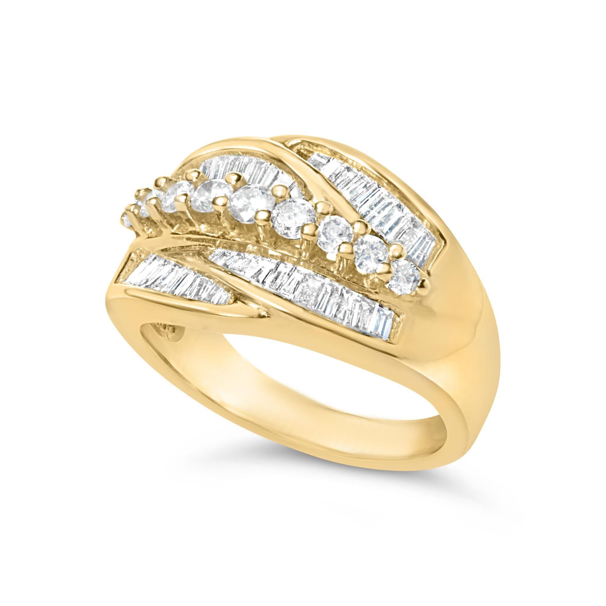 Contemporary Diamond Cocktail Ring Baguette and Round Cut 1.02 Carats 14K Yellow Gold For Sale