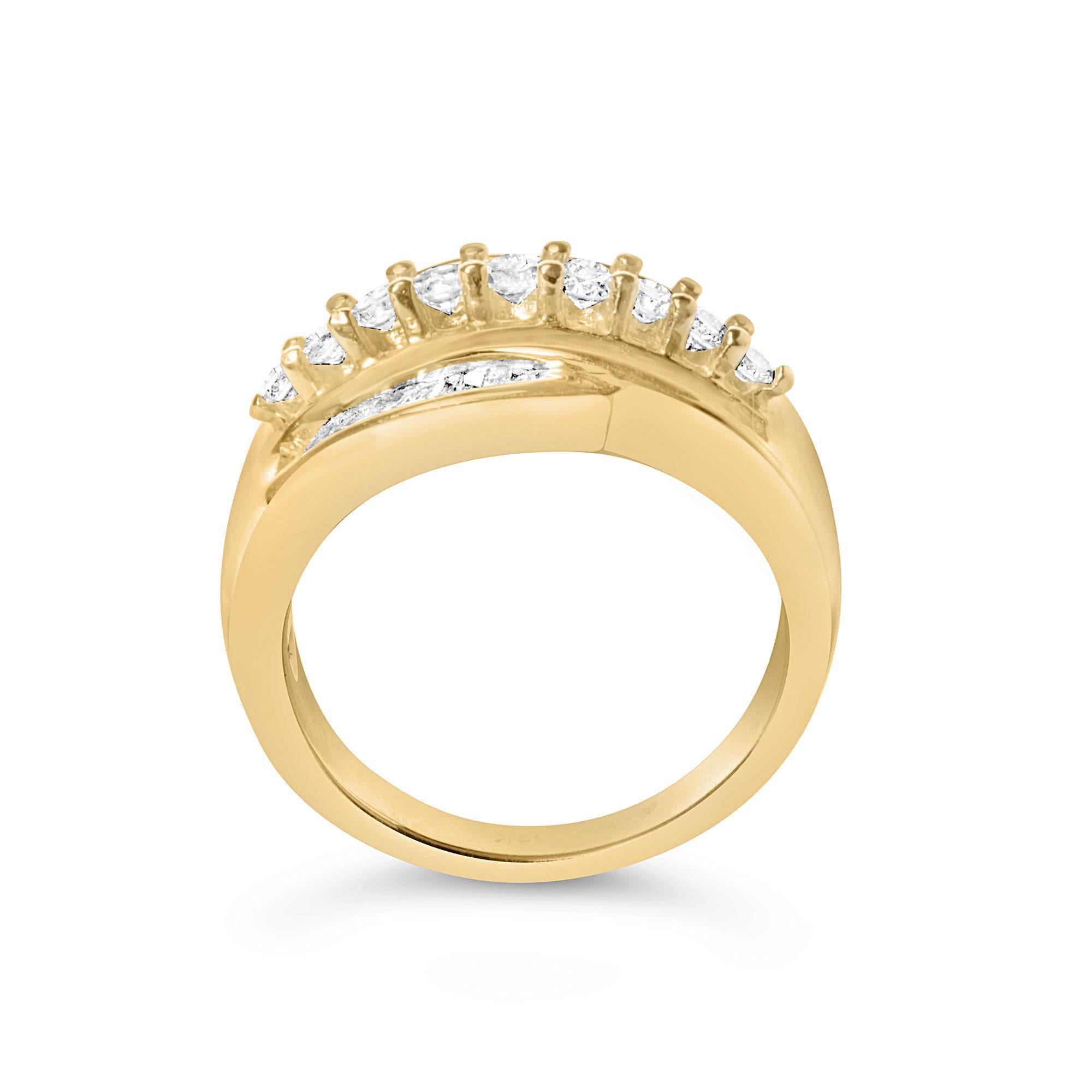 Diamond Cocktail Ring Baguette and Round Cut 1.02 Carats 14K Yellow Gold For Sale 1