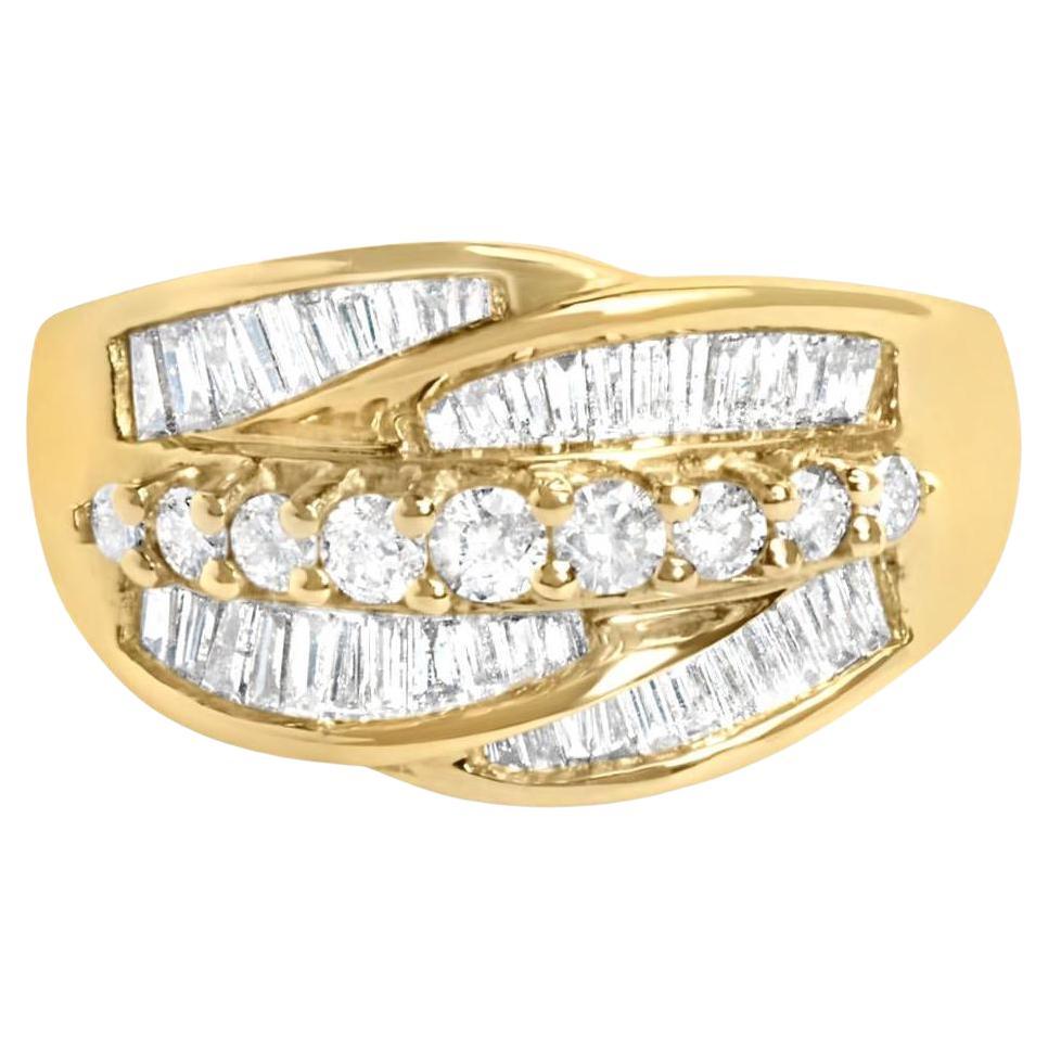 Diamond Cocktail Ring Baguette and Round Cut 1.02 Carats 14K Yellow Gold For Sale