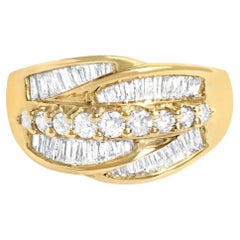 Diamond Cocktail Ring Baguette and Round Cut 1.02 Carats 14K Yellow Gold