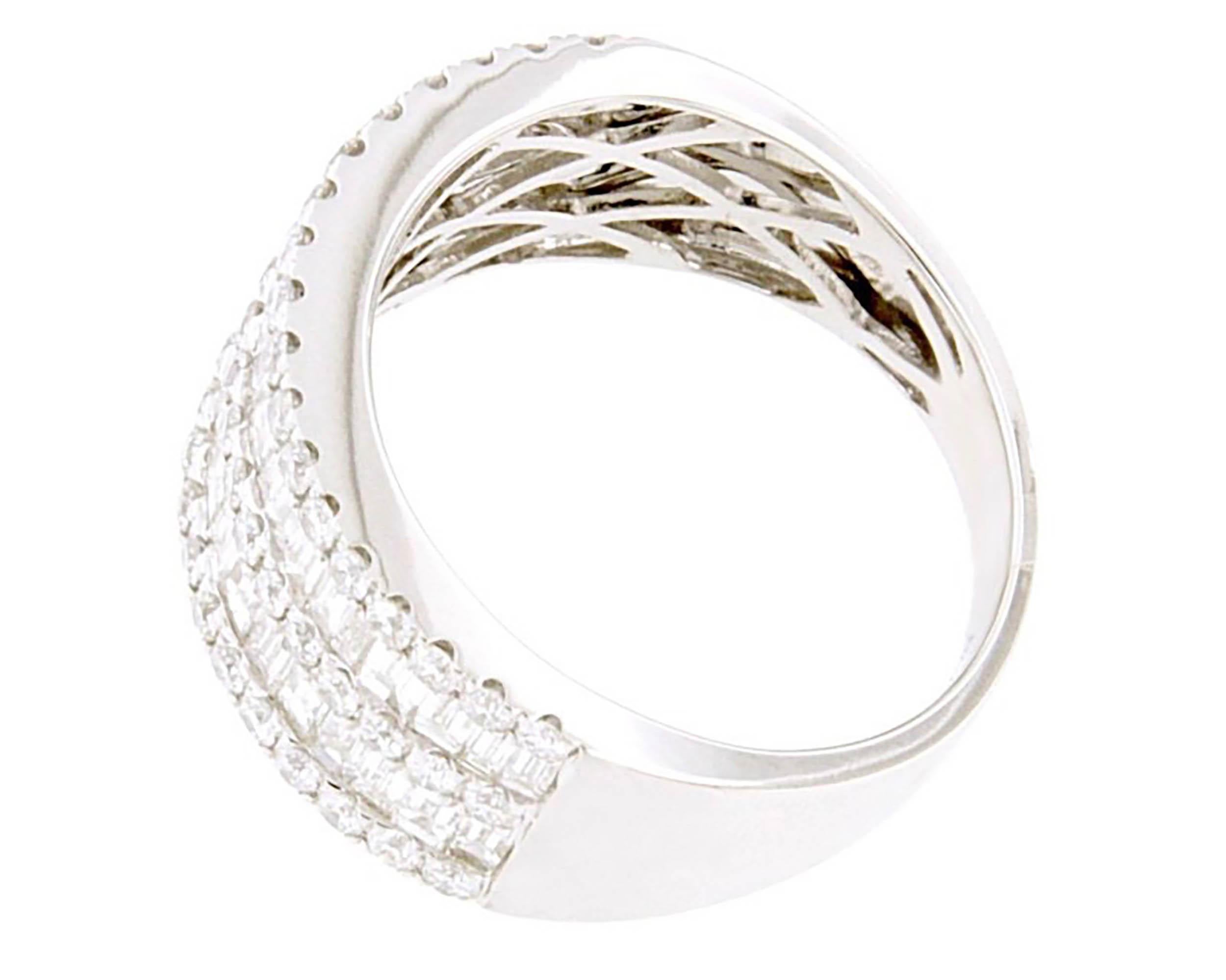 Diamond Cocktail Ring full white
Carat Diamond:  2.03
Cut Diamonds: Baguette and Round
Weight Ring: gr 8.1 
Resizable If needed this would come complimentary with your purchase
