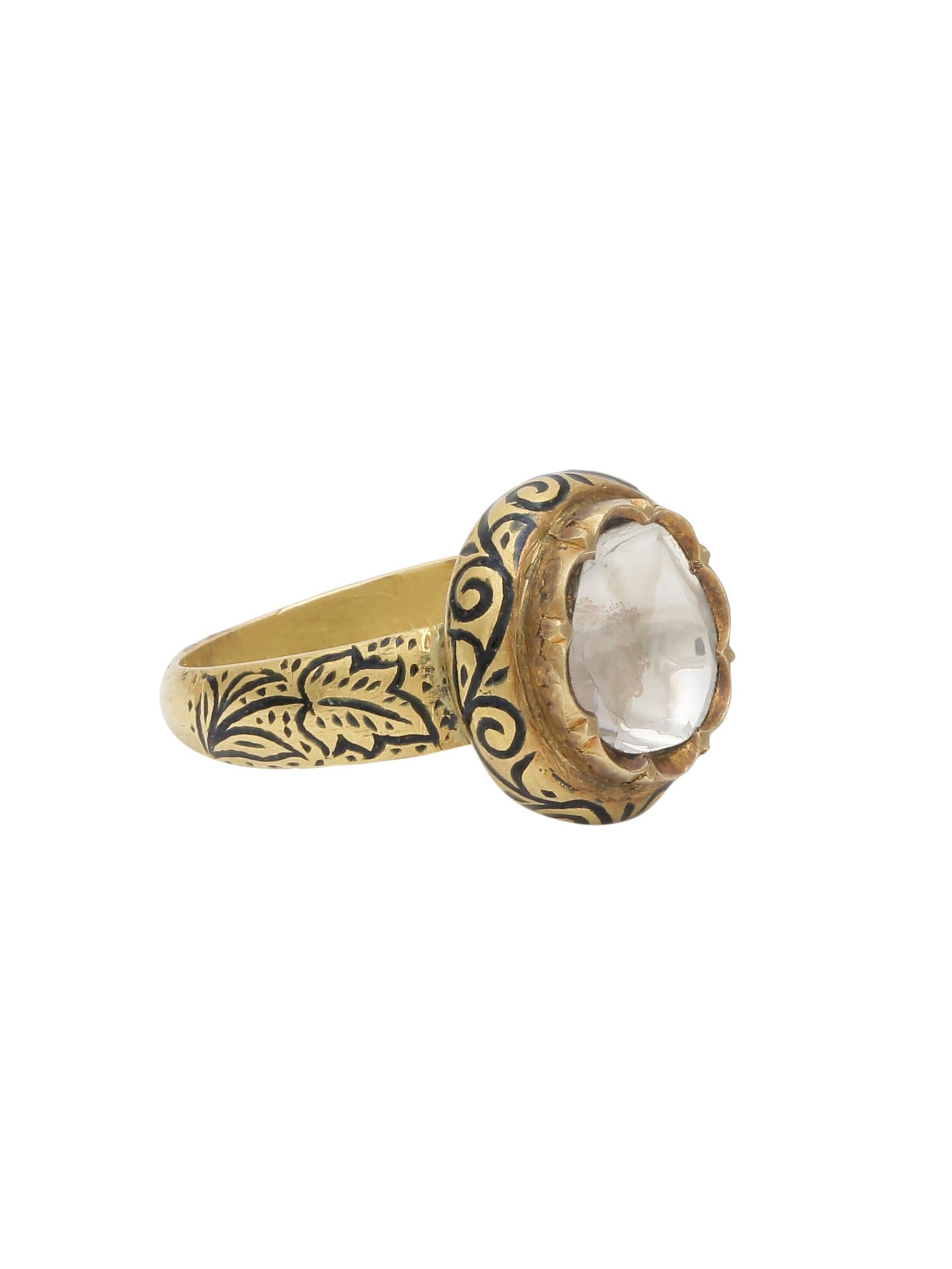 Uncut Diamond cocktail ring handcrafted in 18K Gold with enamel For Sale