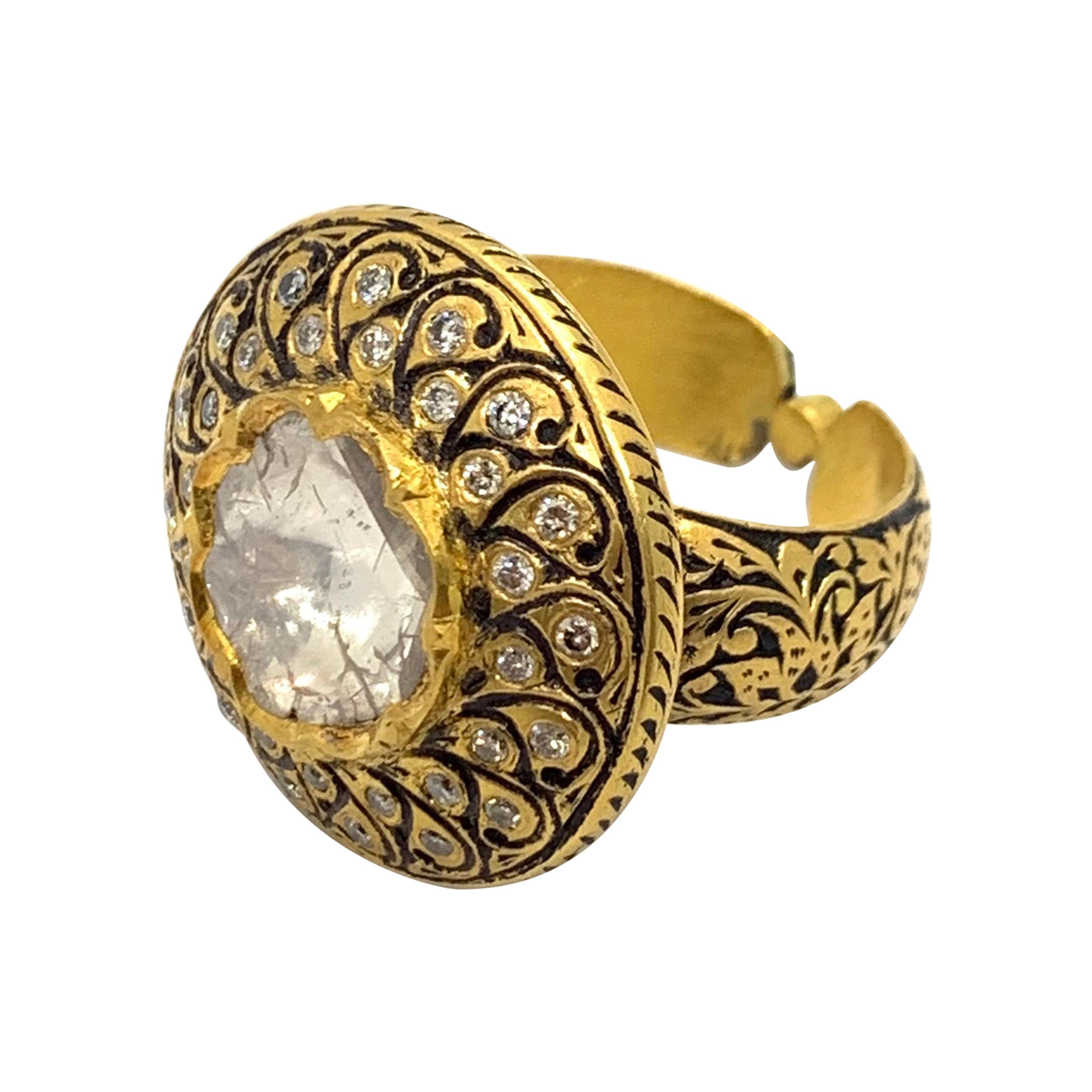 Diamond Cocktail Ring Handcrafted in 18k Yellow Gold with Enamel Work