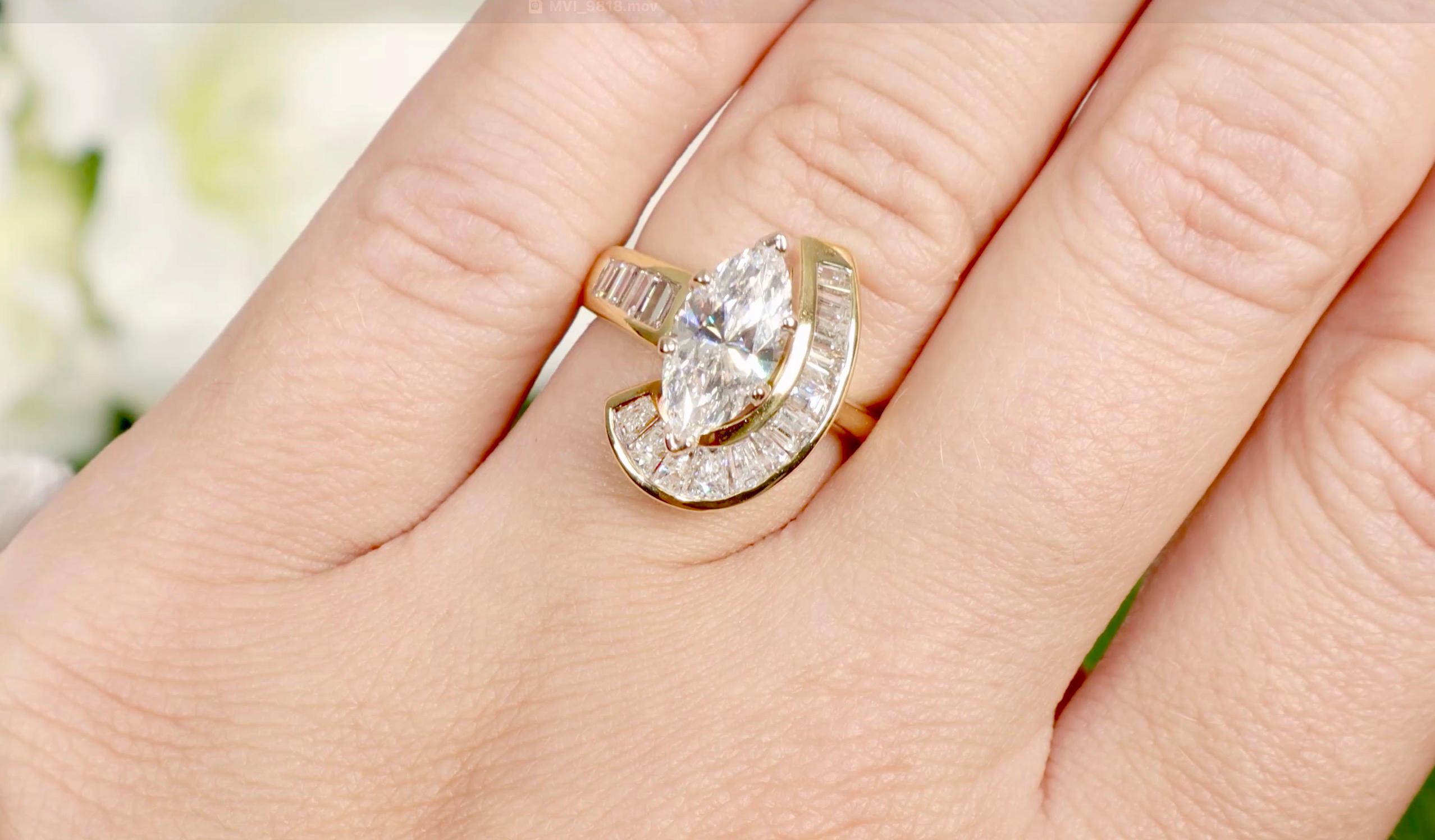 It comes with the original GIA Certificate
All Gemstones are Natural
Diamonds = 1.52 Carats
Cut: Marquise, Round
Color: G, Clarity: SI2
Metal: 18K Yellow Gold
Ring Size: 6* US
*It can be resized complimentary