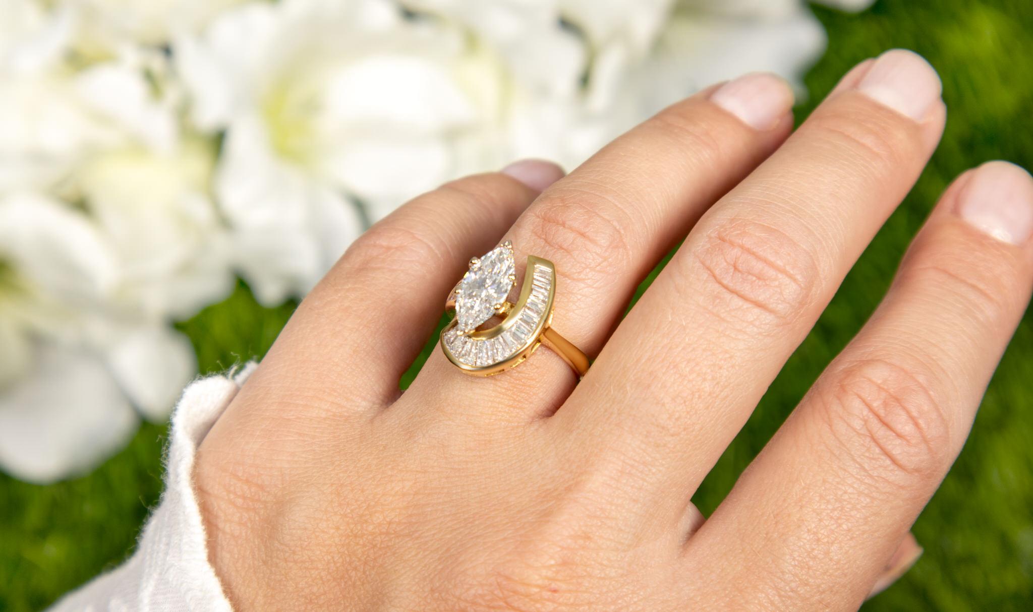 Marquise Cut Diamond Cocktail Ring Marquise Baguette Cut 1.5 Carats Total 18K Yellow Gold For Sale