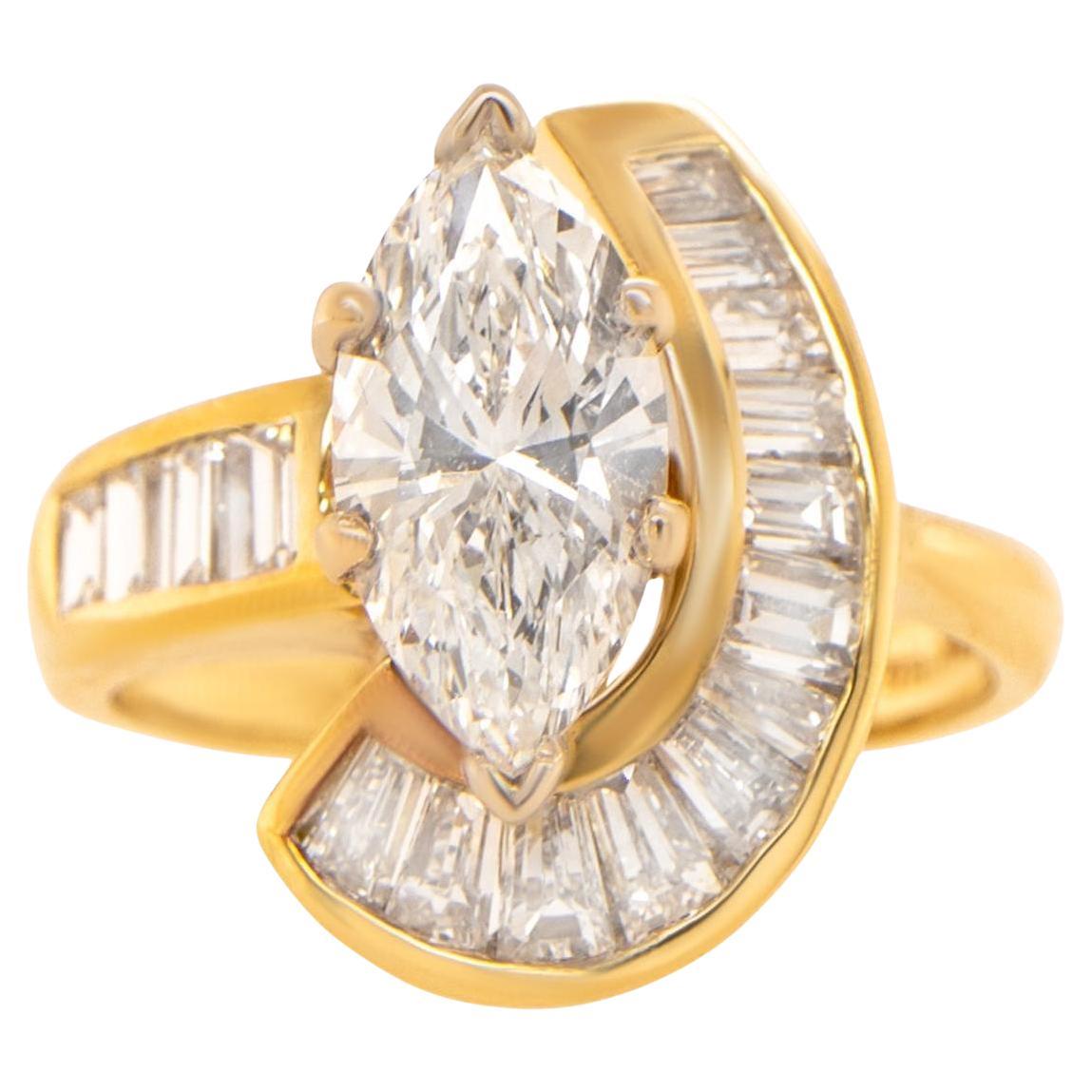 Diamond Cocktail Ring Marquise Baguette Cut 1.5 Carats Total 18K Yellow Gold
