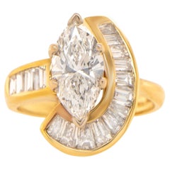 Diamond Cocktail Ring Marquise Baguette Cut 1.5 Carats Total 18K Yellow Gold