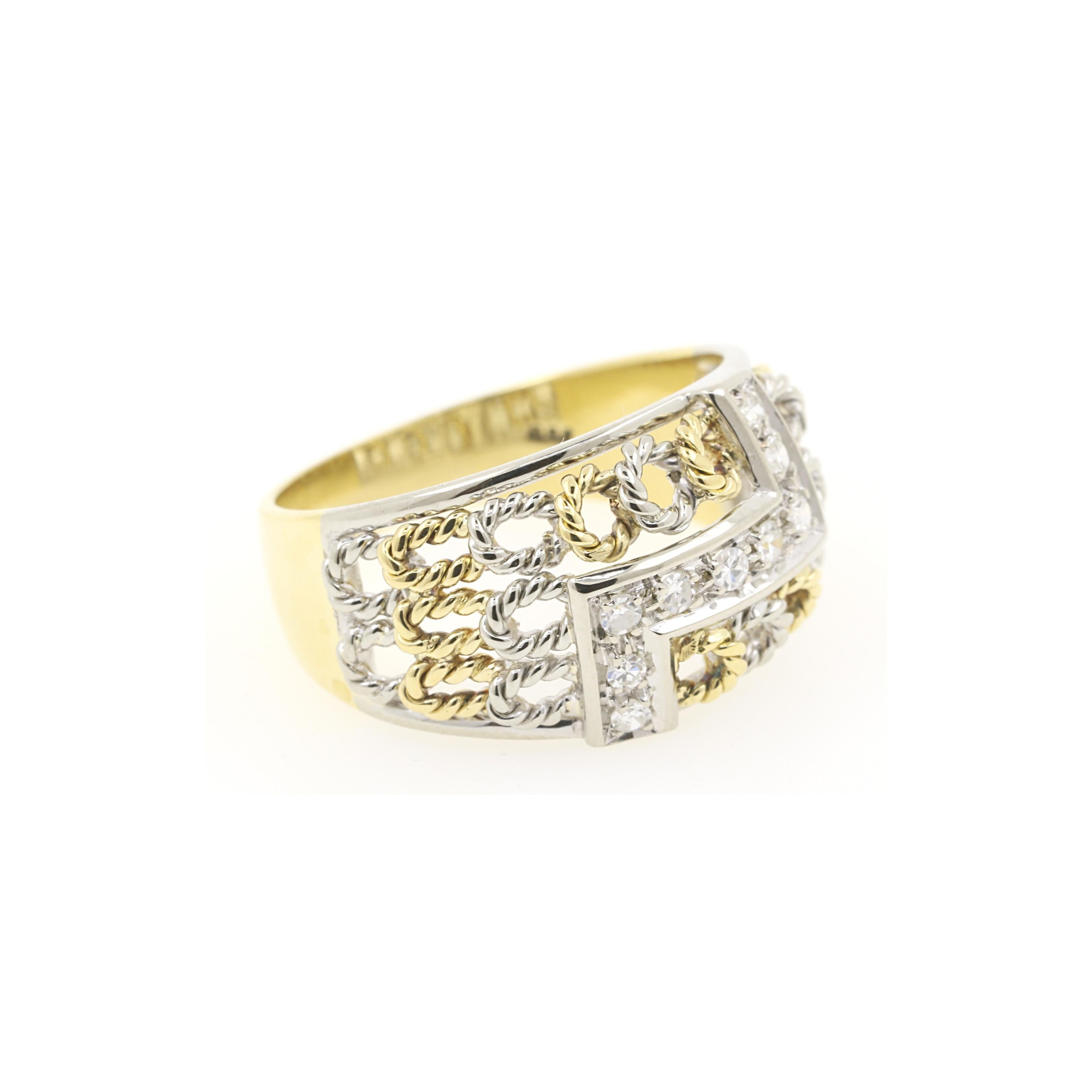 18 karat yellow and white gold ring with diamonds and a nice chain-alike creative motive. 
The ring has 9 diamonds channel set, round brilliant cut, G/H color and VS clarity for a total estimated weight of 0.20 carats.
The finger size is 54 and its
