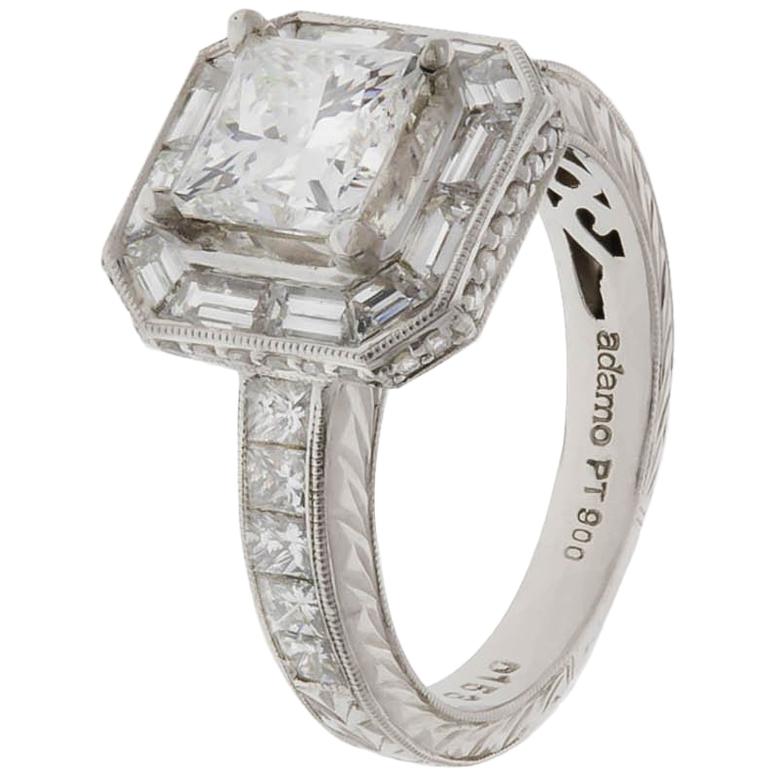 Diamond Platinum Cocktail Ring with Princess and Baguette Cut Diamonds For Sale