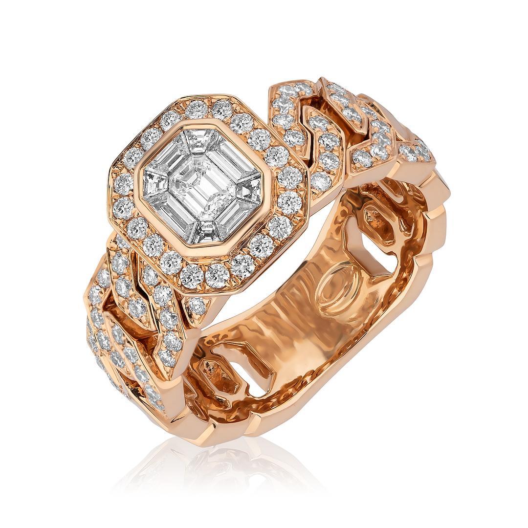 Embrace unparalleled sophistication with this captivating Rose Gold Diamond Cocktail Ring featuring a stunning Pave Chain Link Band. Sparkling with a total of 70 Diamonds weighing 0.57 carats and accentuated by 9 Fancy Cut Diamonds totaling 0.43