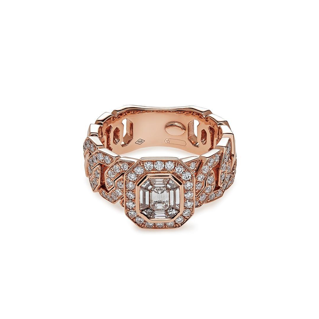Baguette Cut Diamond Cocktail Ring with Rose Gold Pavé Chain Link Band For Sale